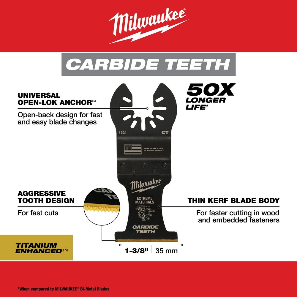 Milwaukee OPEN-LOK 1-3/8" carbide tooth oscillating blade with universal anchor system and thin kerf body design.
