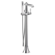 Chrome freestanding floor-mount tub filler with single lever handle, curved spout, and detachable handheld showerhead with ho