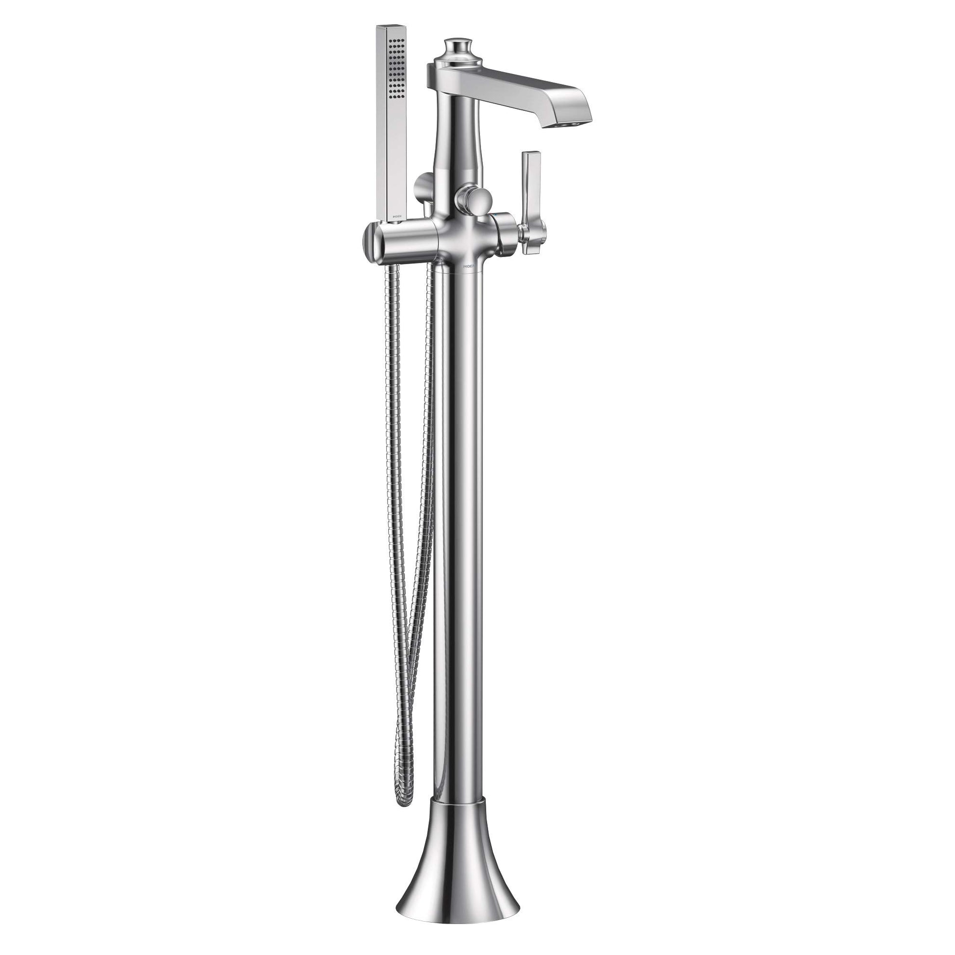 Chrome freestanding floor-mount tub filler with single lever handle, curved spout, and detachable handheld showerhead with ho