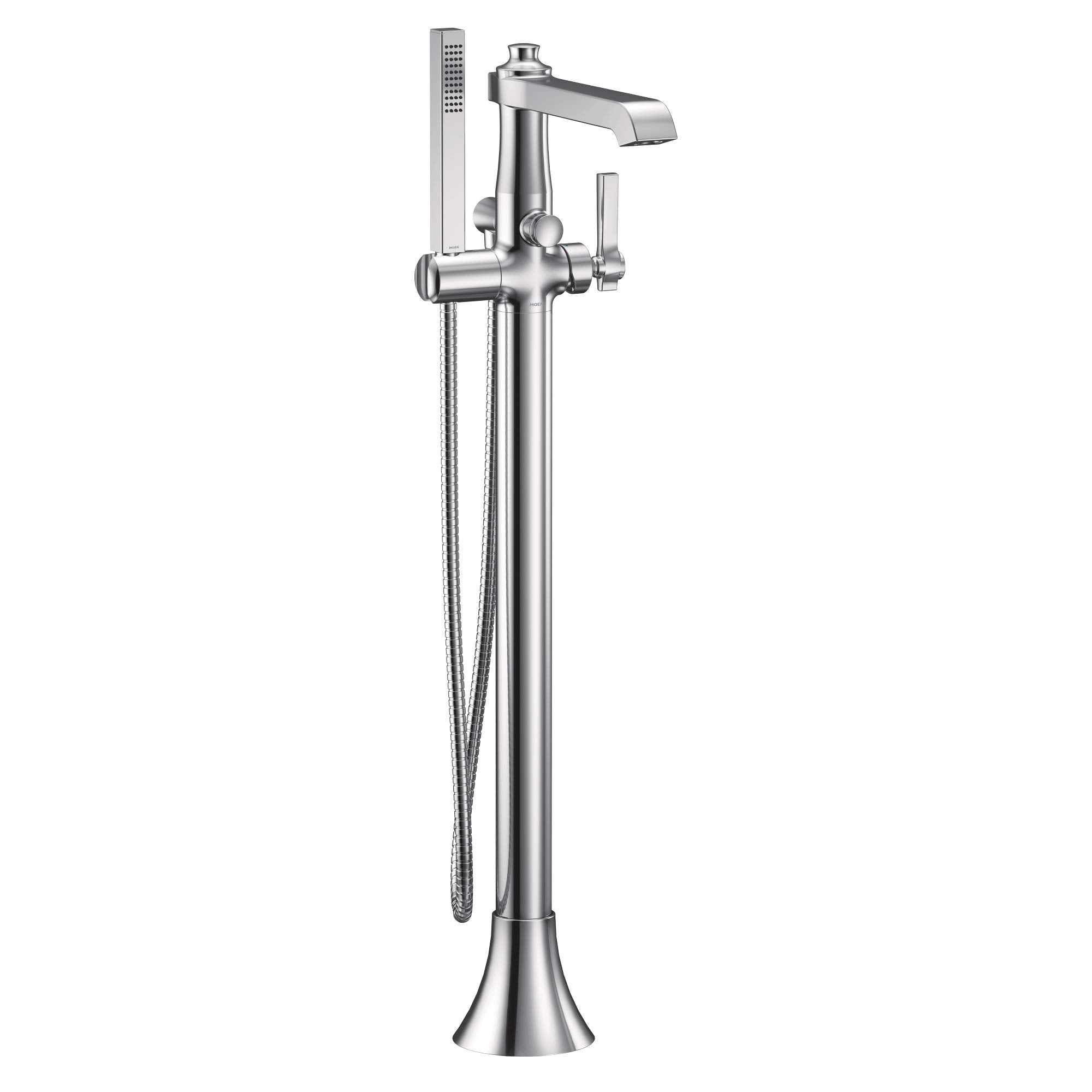 Chrome freestanding floor-mount tub filler with single lever handle, curved spout, and detachable handheld showerhead with ho