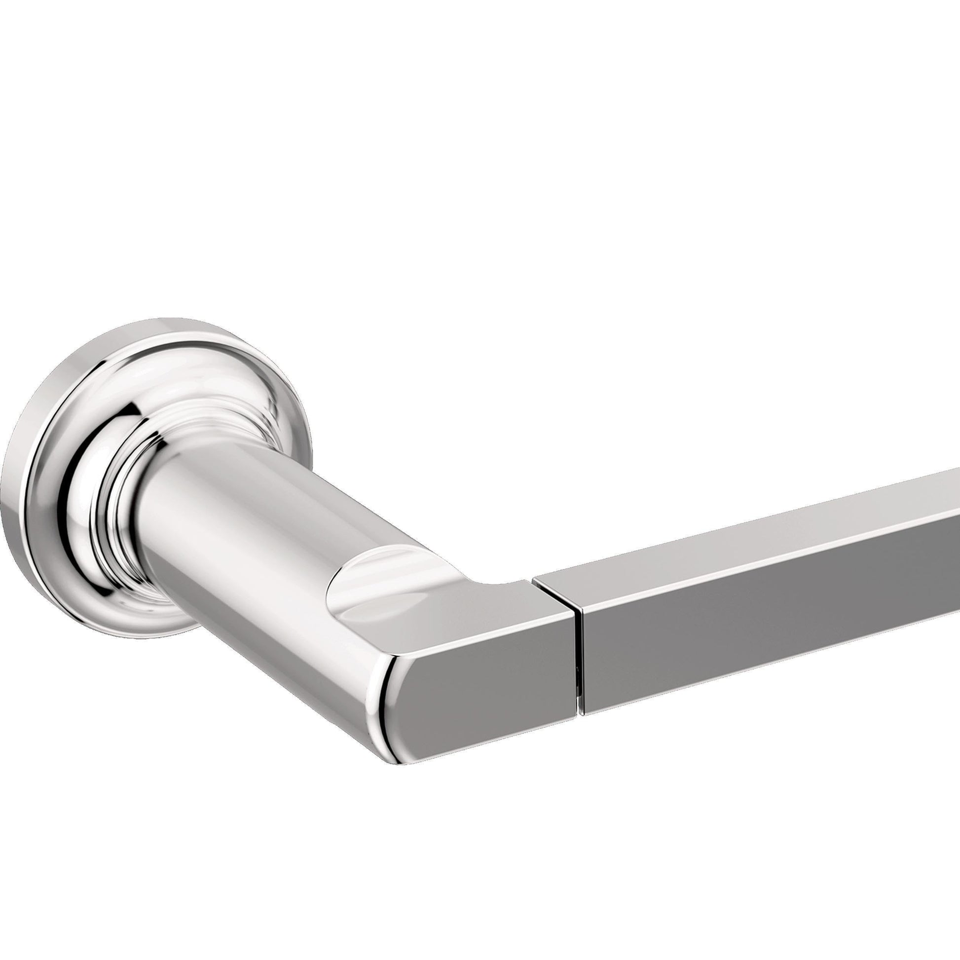 Chrome tissue holder with cylindrical rod and round wall-mounted base in polished finish.