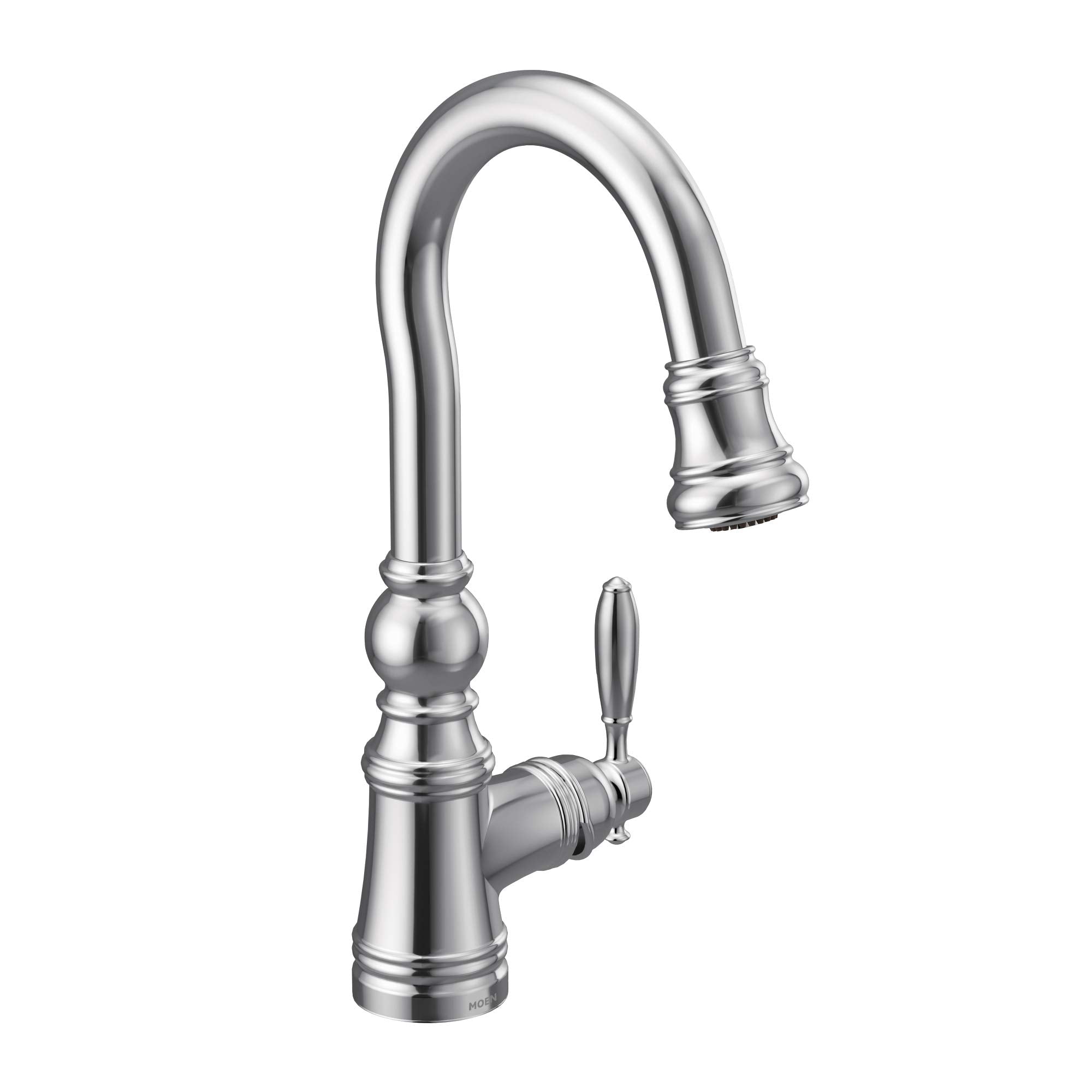 Chrome pulldown kitchen faucet with curved spout, decorative base, and single lever handle.