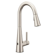 Stainless steel pull-down kitchen faucet with curved spout and single handle in brushed finish.