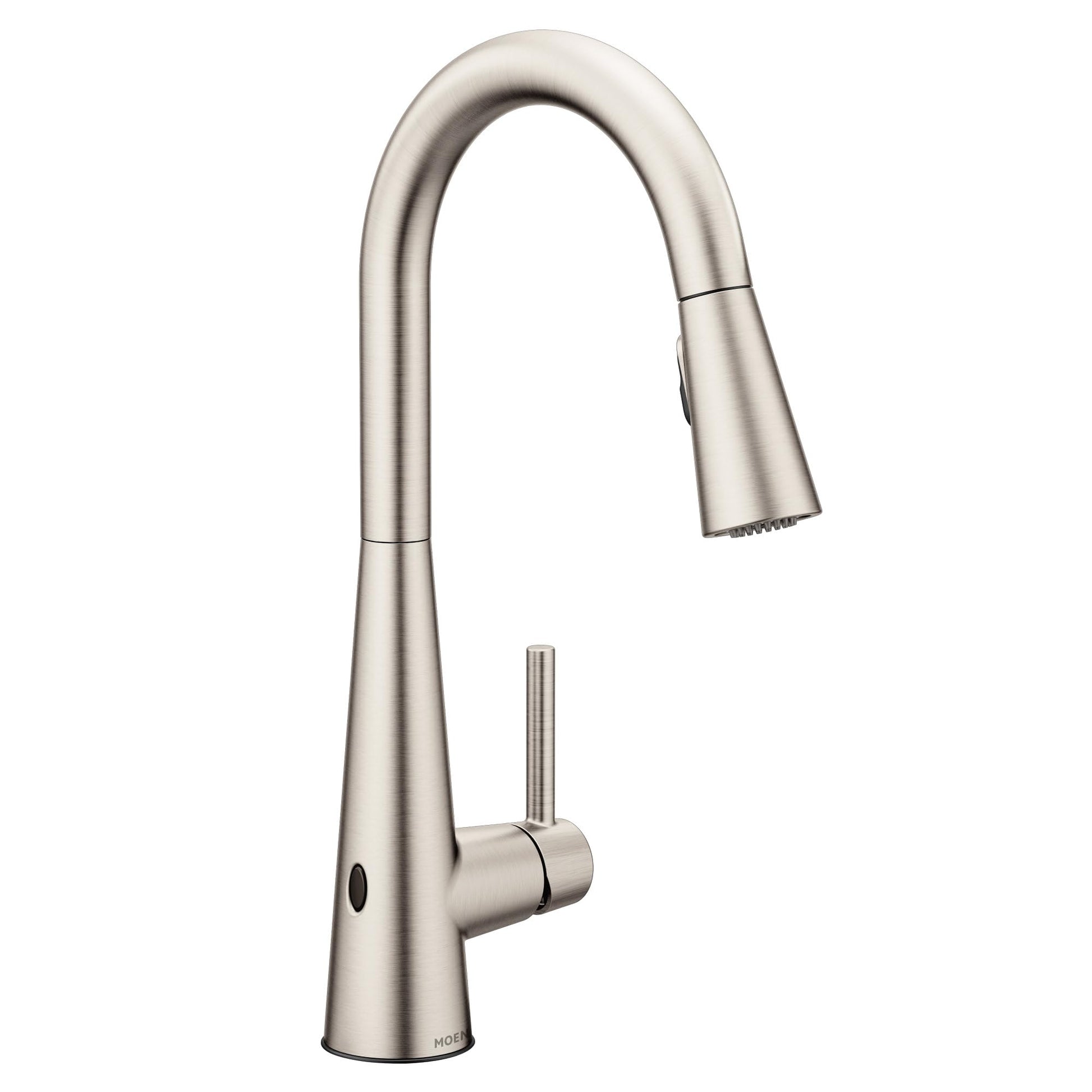 Stainless steel pull-down kitchen faucet with curved spout and single handle in brushed finish.