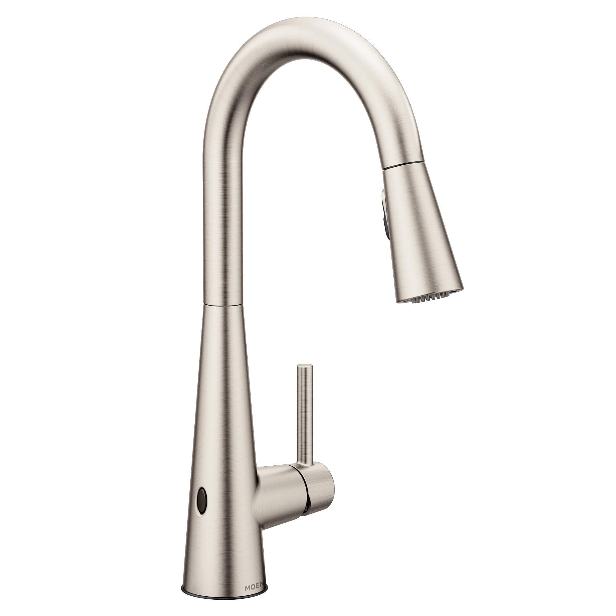 Stainless steel pull-down kitchen faucet with curved spout and single handle in brushed finish.