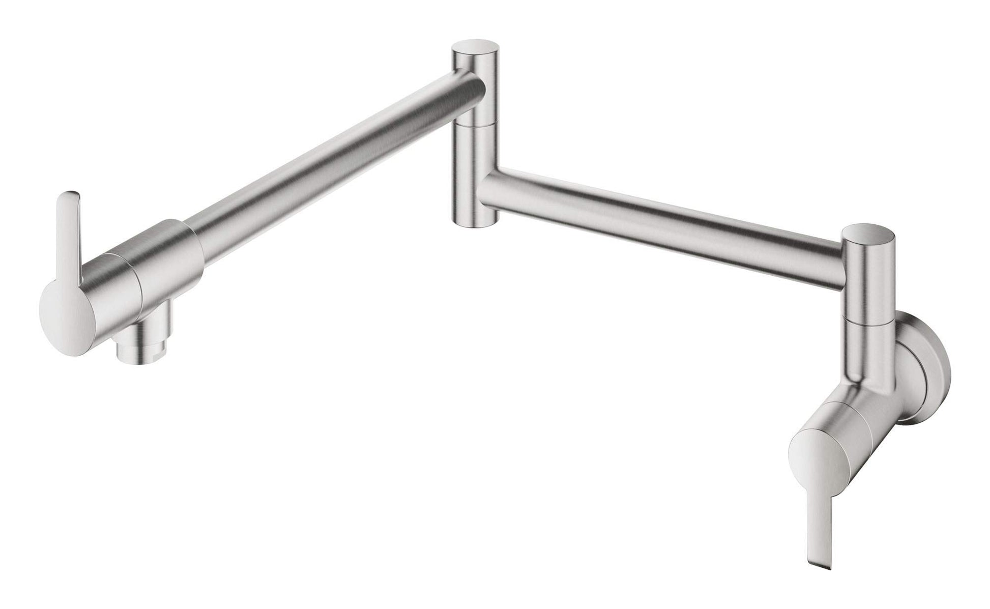 Stainless steel wall-mounted pot filler faucet with two handles and articulating arm.