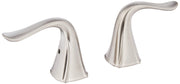 Pair of curved stainless steel lever handles with tapered bases for bathroom or kitchen faucets.