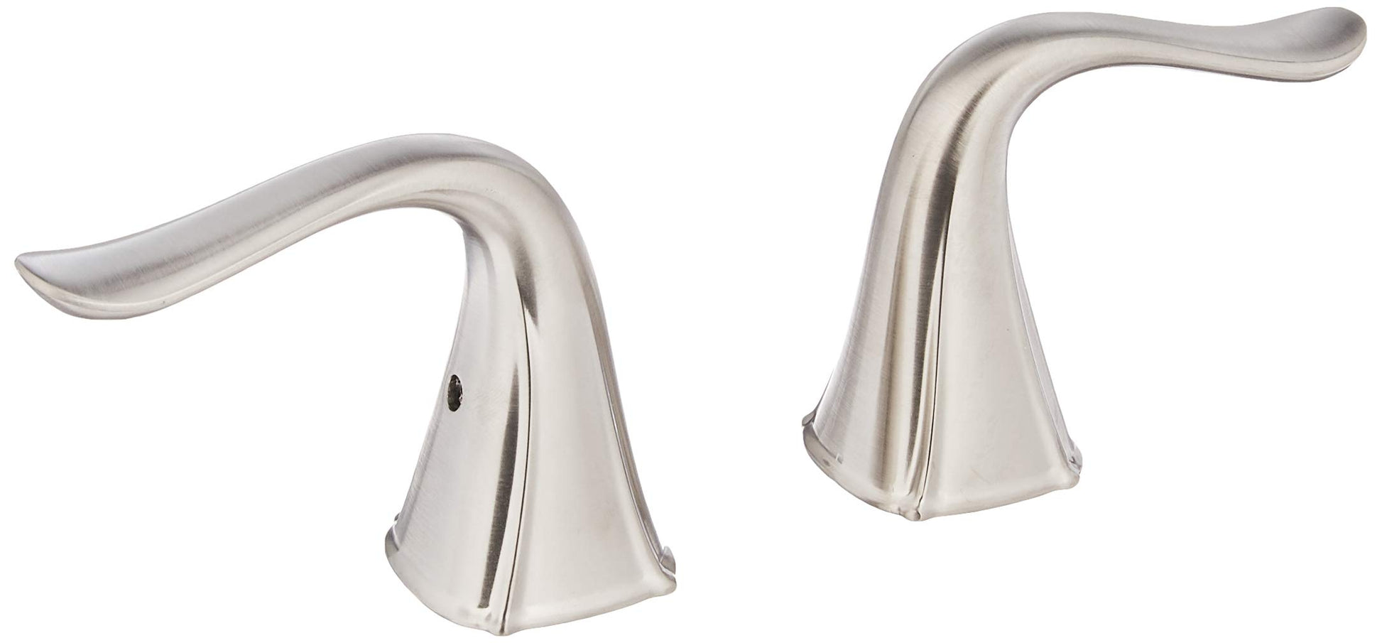 Pair of curved stainless steel lever handles with tapered bases for bathroom or kitchen faucets.