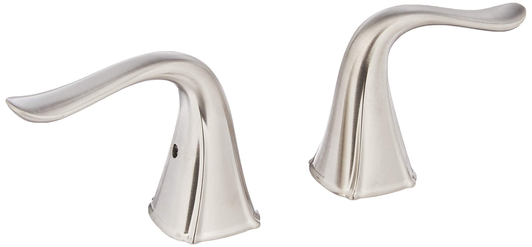 Pair of curved stainless steel lever handles with tapered bases for bathroom or kitchen faucets.