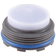 White aerator with gray threaded base and blue seal ring, featuring a mesh screen top.
