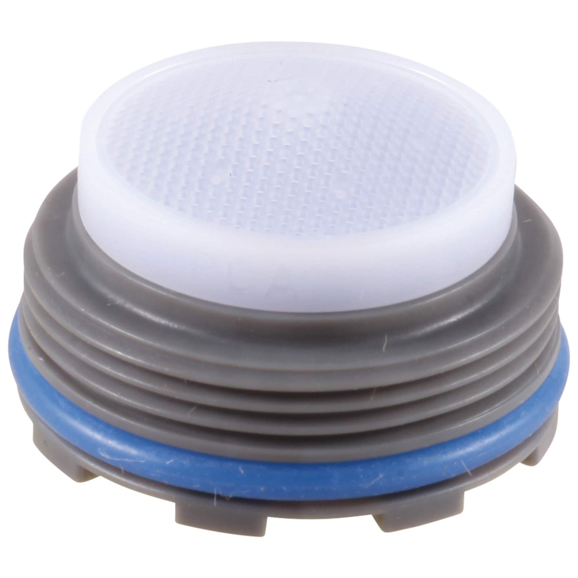 White aerator with gray threaded base and blue seal ring, featuring a mesh screen top.