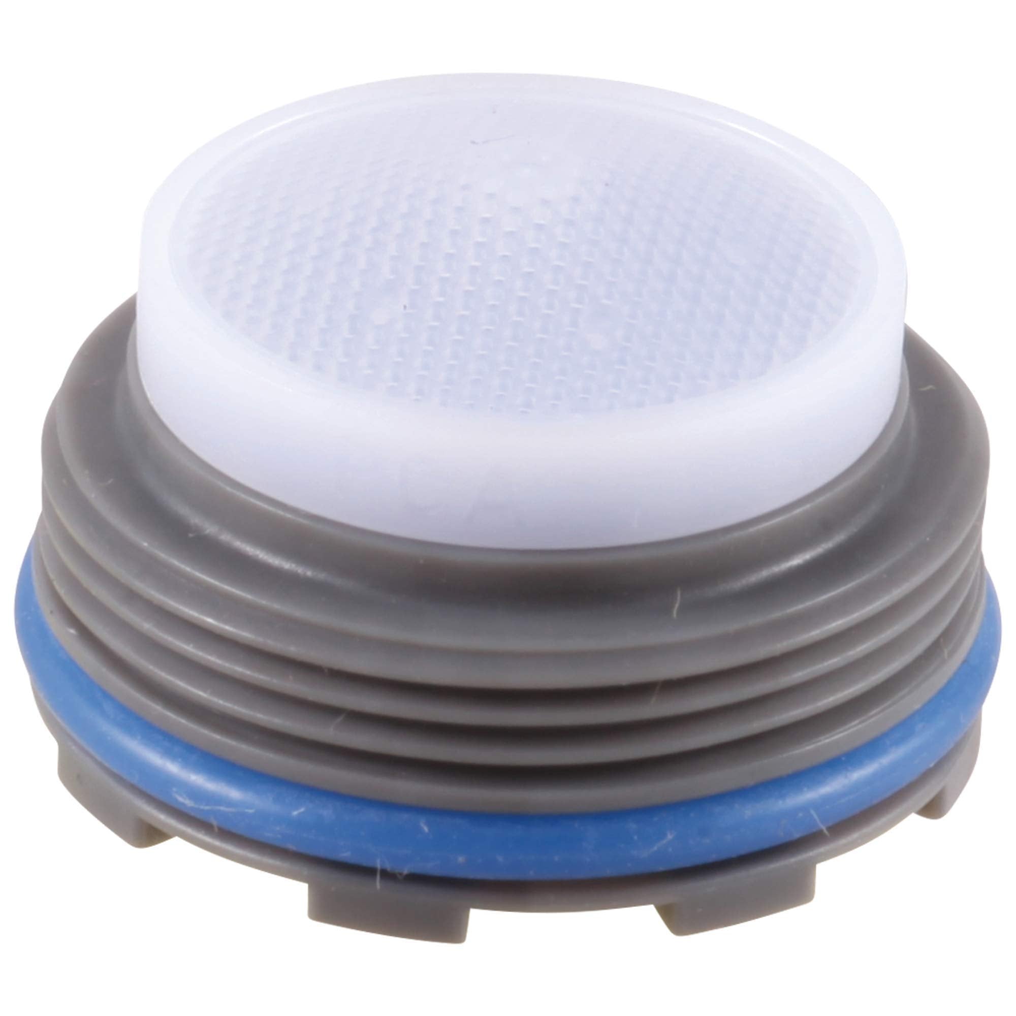 White aerator with gray threaded base and blue seal ring, featuring a mesh screen top.