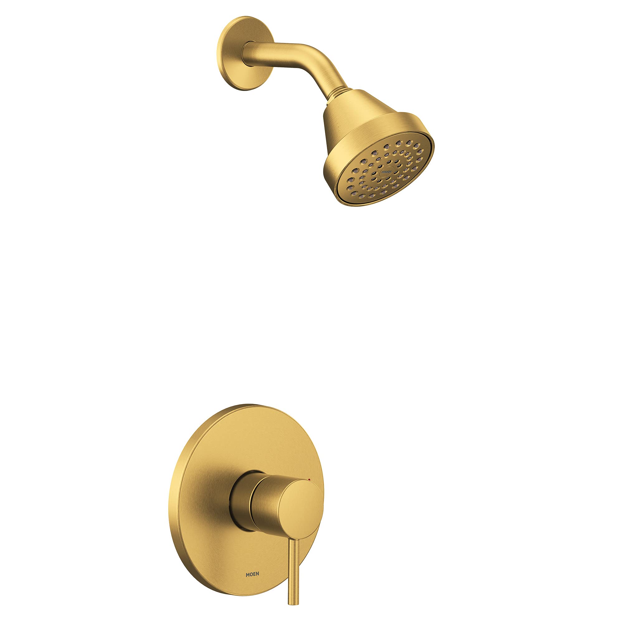 Brushed gold shower trim kit with single handle valve and showerhead with perforated spray pattern.