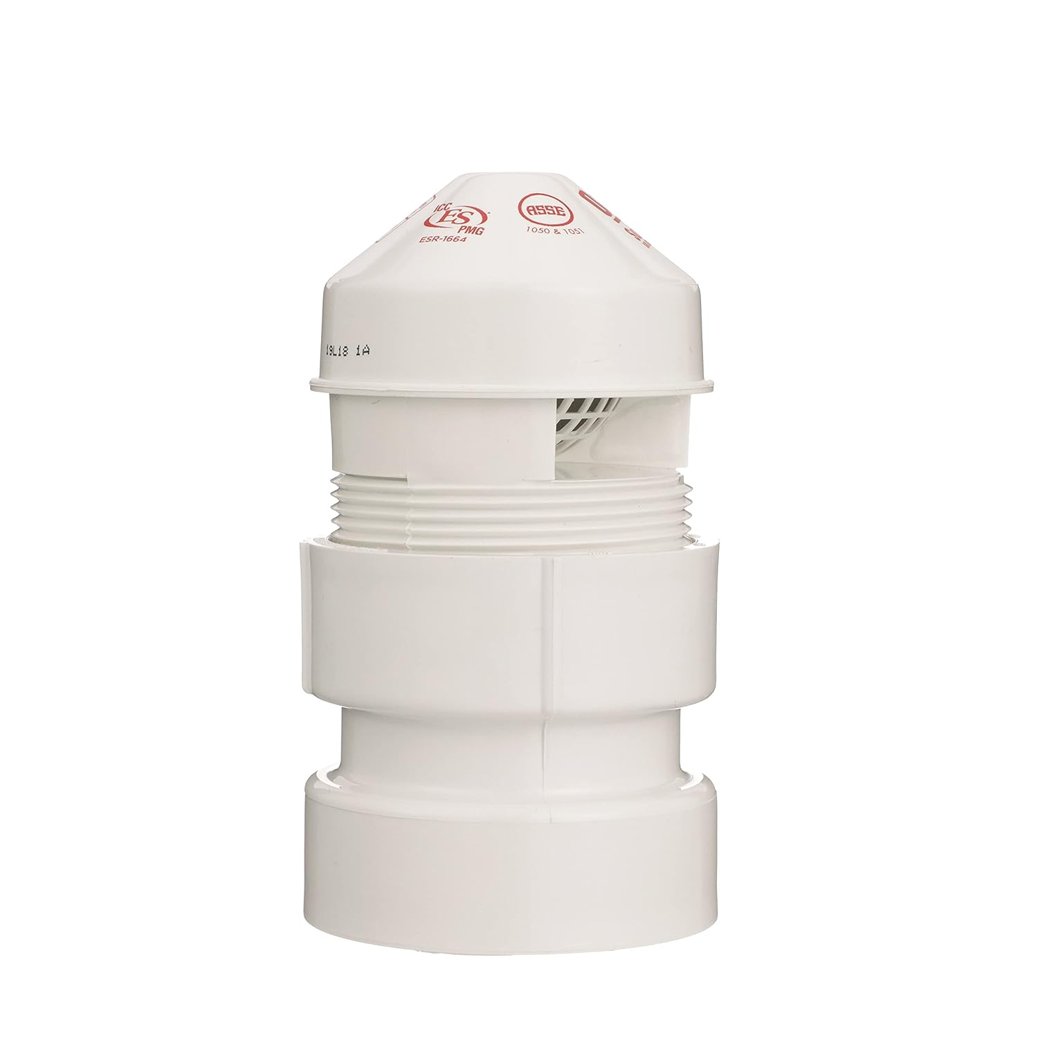 White PVC air admittance valve with threaded connection and dome-shaped top cap with red manufacturer markings.