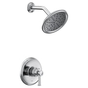 Chrome shower trim kit with single lever handle, round showerhead with perforations, and curved arm mount.