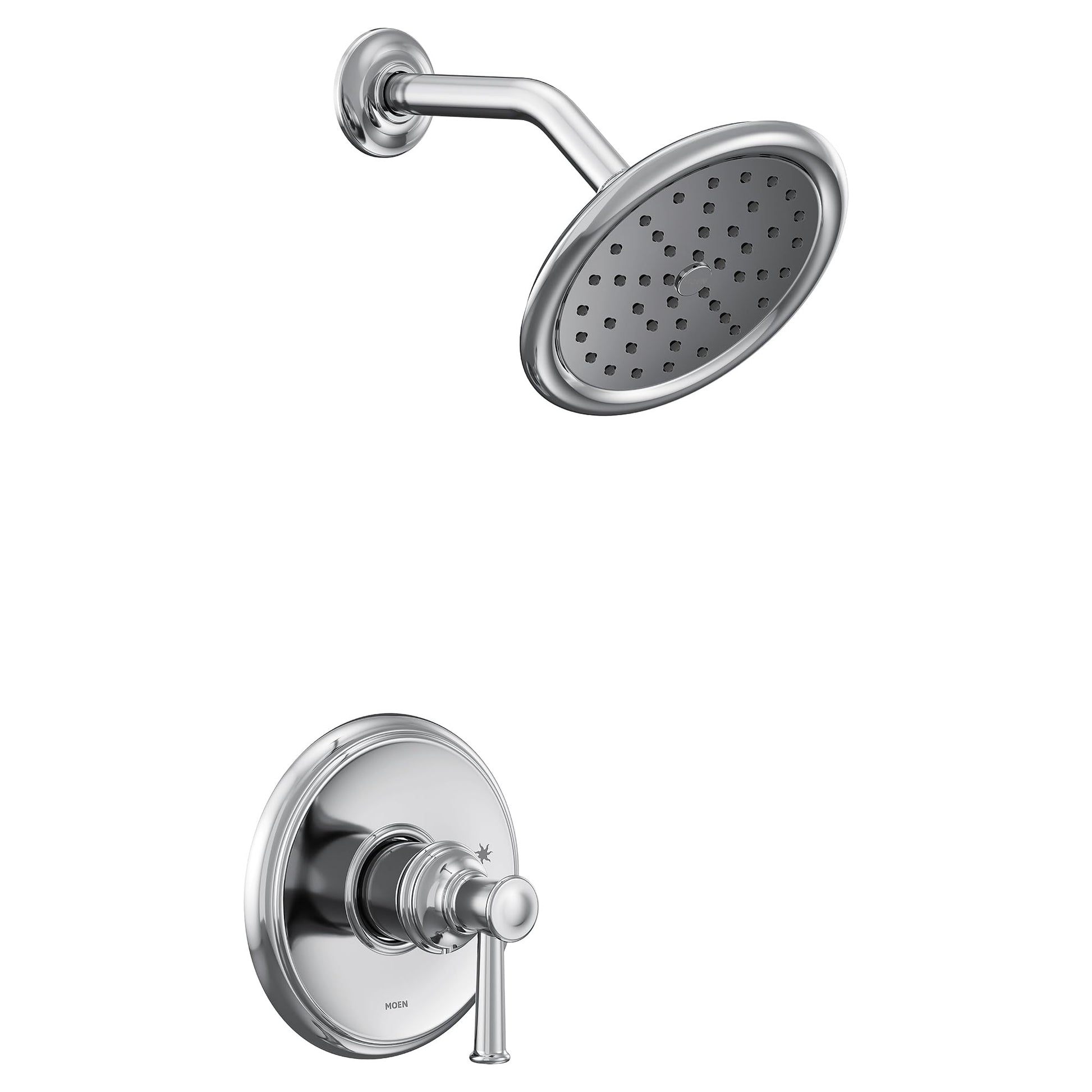 Chrome shower trim kit with single lever handle, round showerhead with perforations, and curved arm mount.