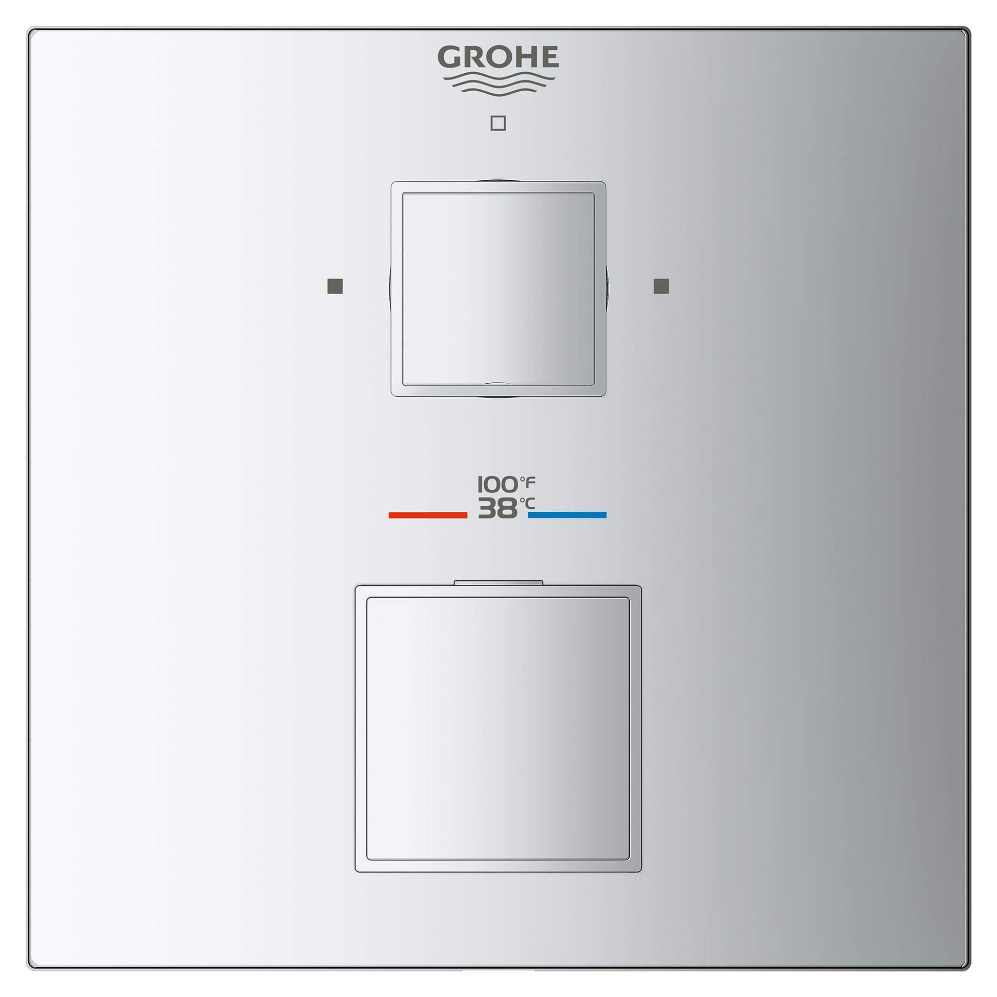 Grohe chrome thermostatic valve trim with two square handles, temperature display showing 100°F/38°C, and Grohe logo.
