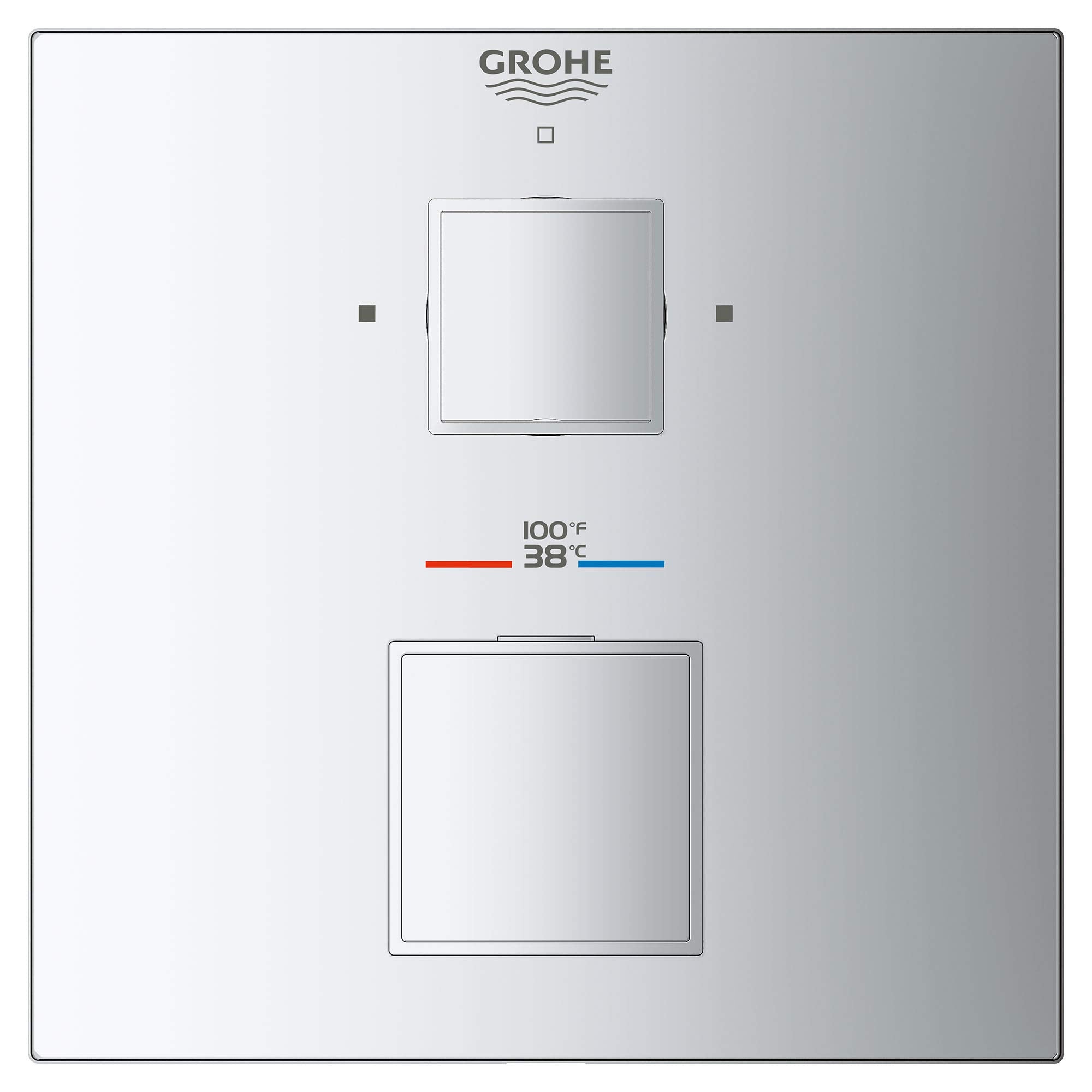 Grohe chrome thermostatic valve trim with two square handles, temperature display showing 100°F/38°C, and Grohe logo.