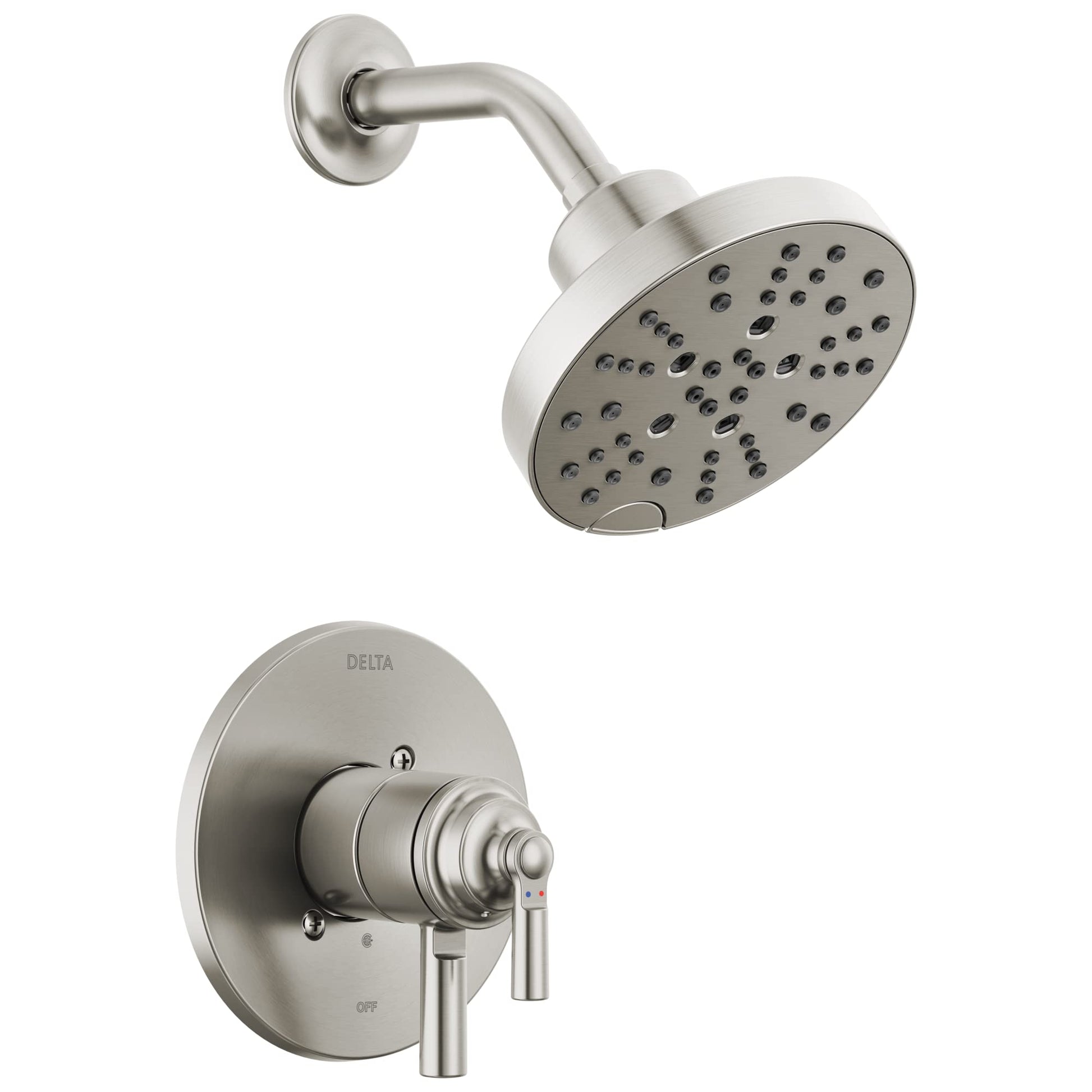 Brushed nickel shower trim with round showerhead and wall-mounted valve control featuring temperature adjustment lever.