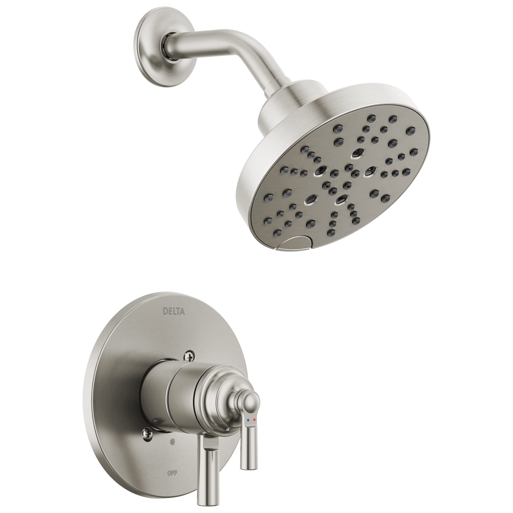 Brushed nickel shower trim with round showerhead and wall-mounted valve control featuring temperature adjustment lever.