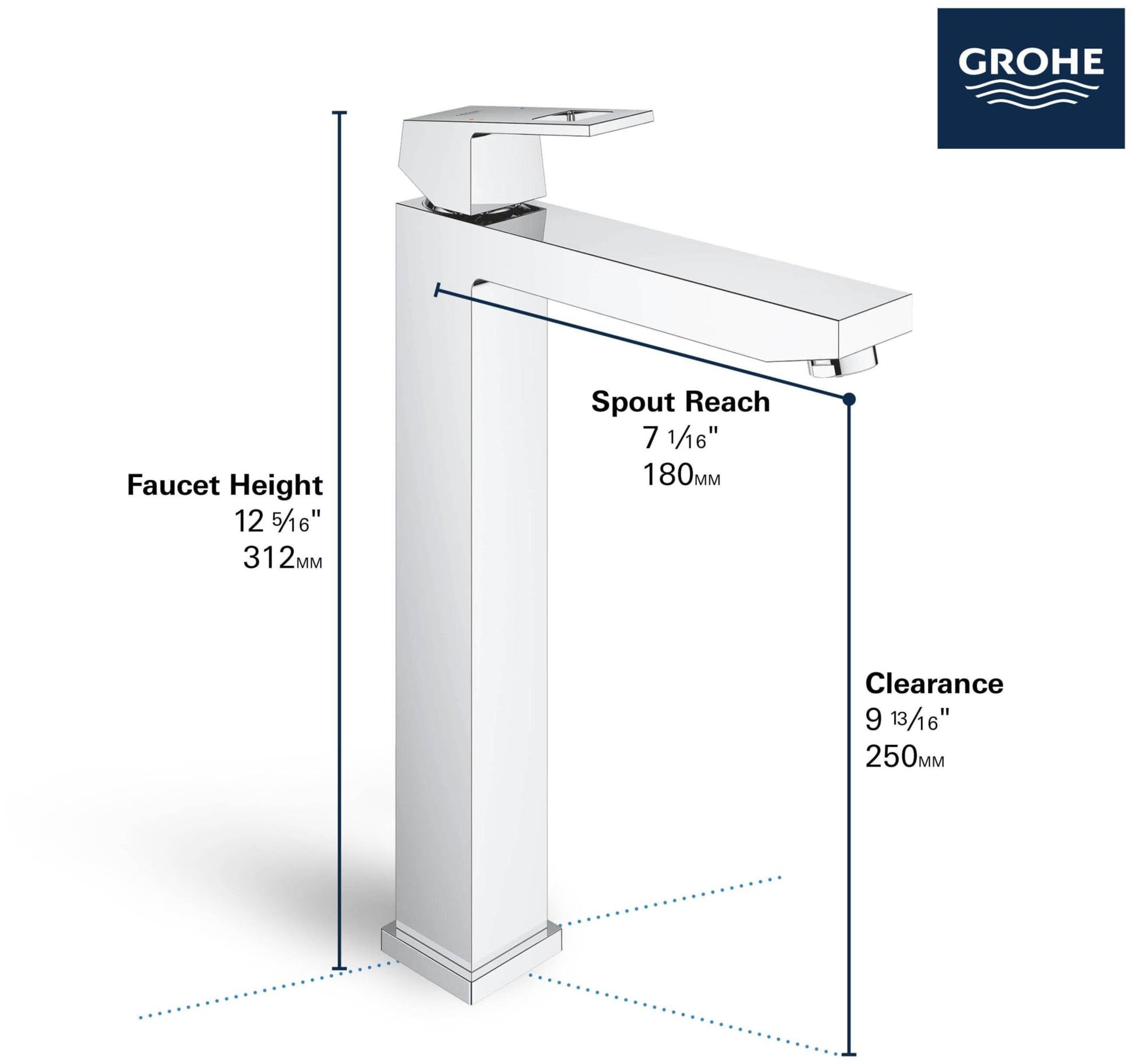 Grohe Eurocube single-handle vessel sink faucet in matte black with extended spout and tall rectangular body.