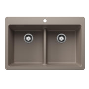 Truffle-colored double basin drop-in sink with low divider and dual drains.