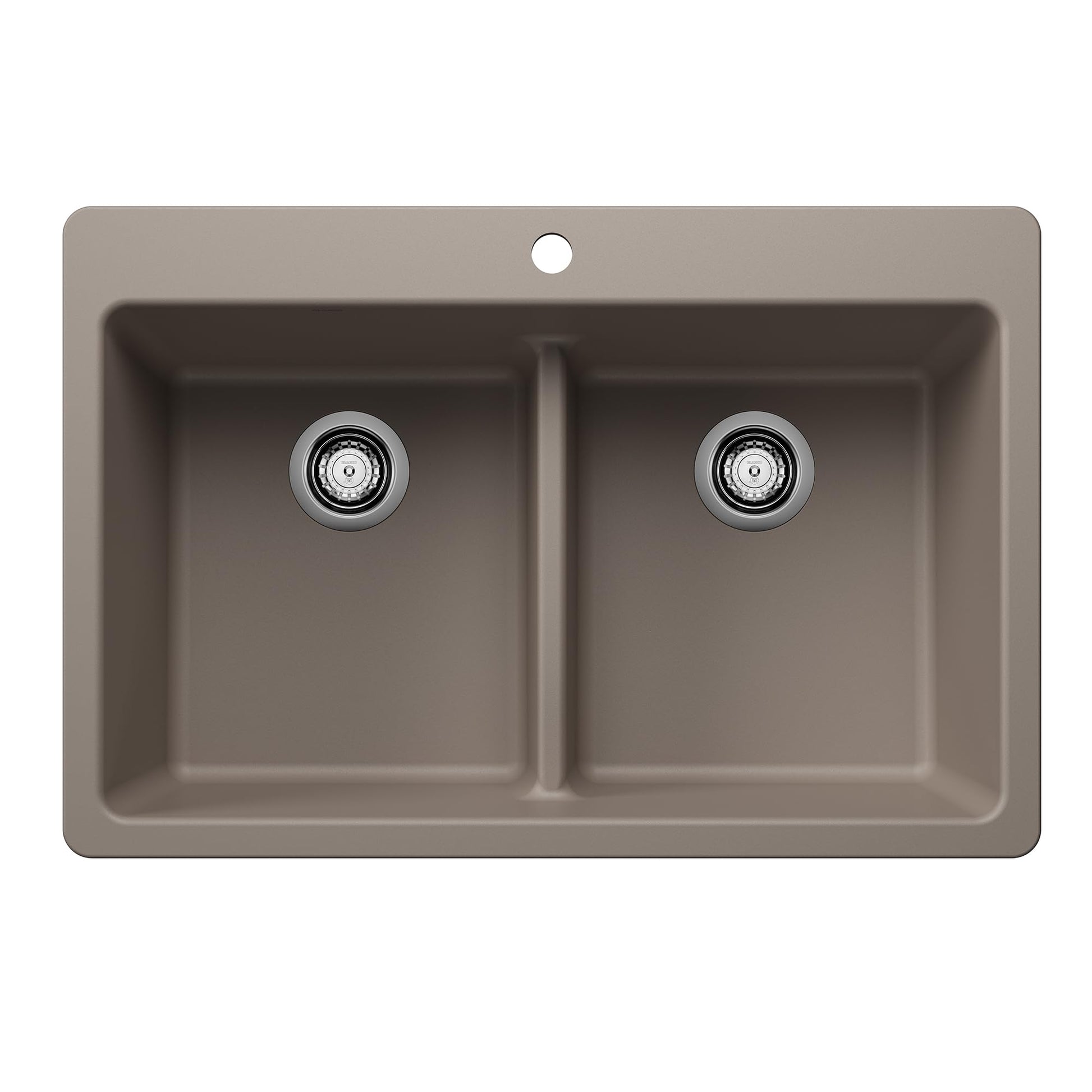 Truffle-colored double basin drop-in sink with low divider and dual drains.