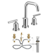 Chrome two-handle widespread bathroom sink faucet with high arc spout, lever handles, and included valve components.