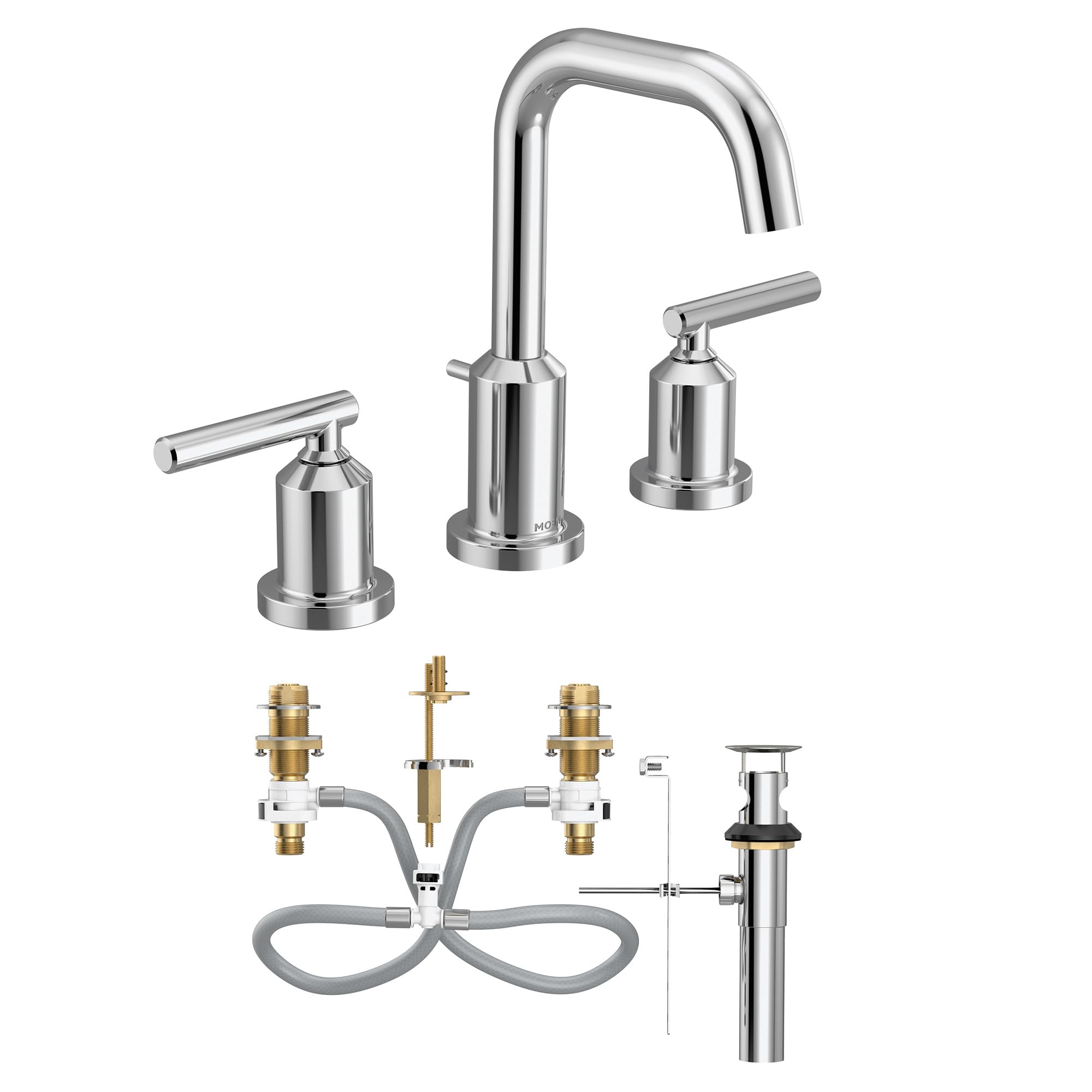 Chrome two-handle widespread bathroom sink faucet with high arc spout, lever handles, and included valve components.