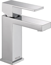 Chrome single-handle bathroom faucet with square spout and rectangular base, shown with deck plate above.