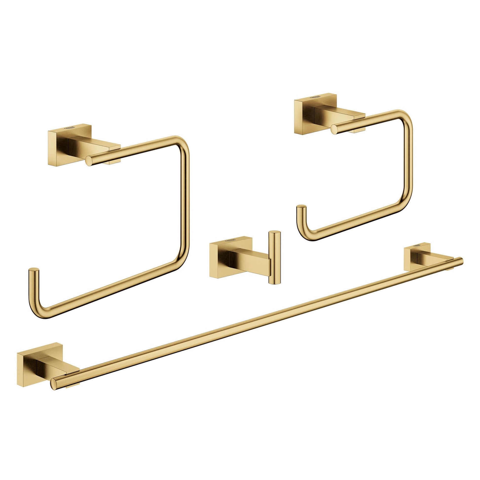 Four brushed gold bathroom accessories including two towel rings, one towel hook, and one towel bar with square mounting plat