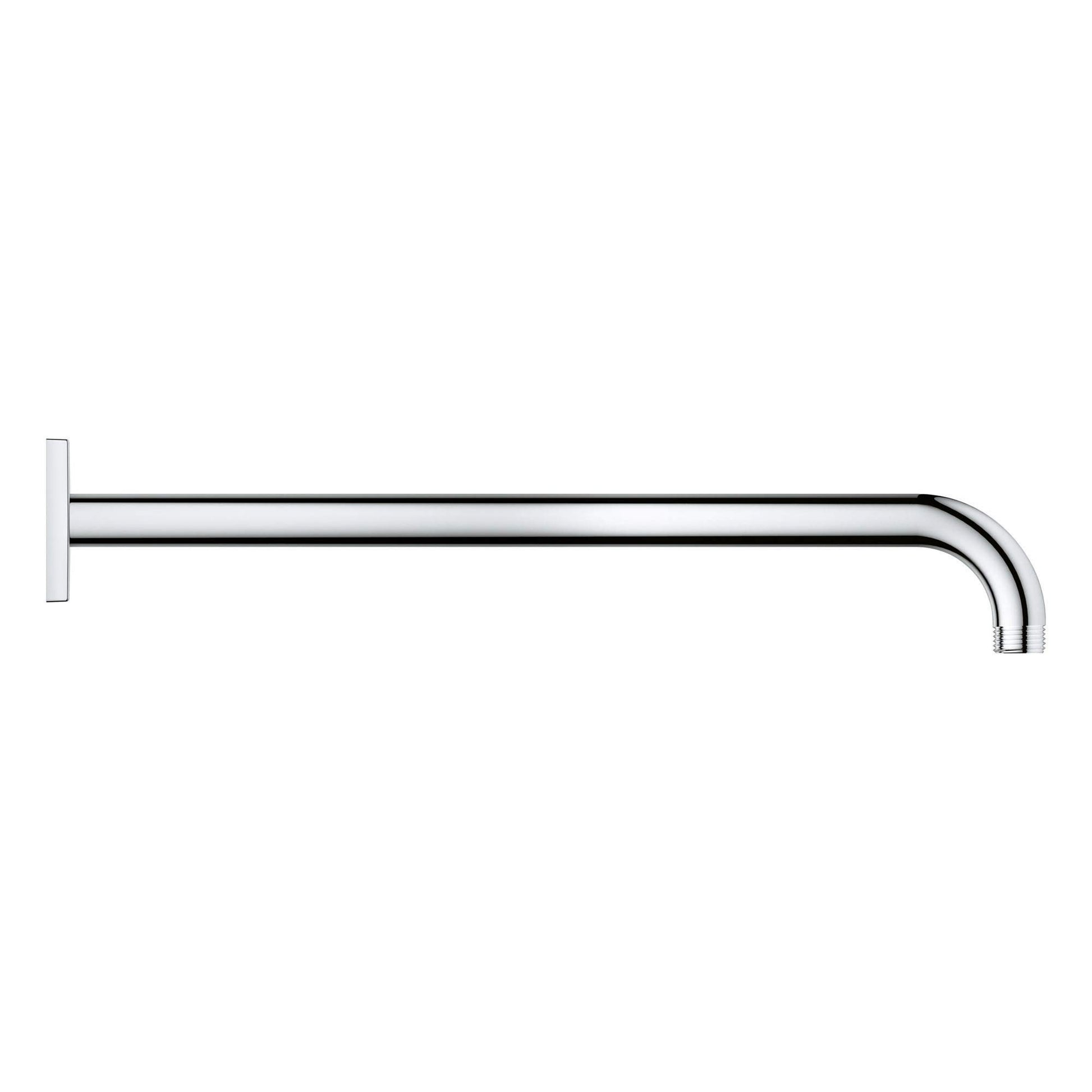 Chrome shower arm with square wall mount and curved end, 15 inches long.