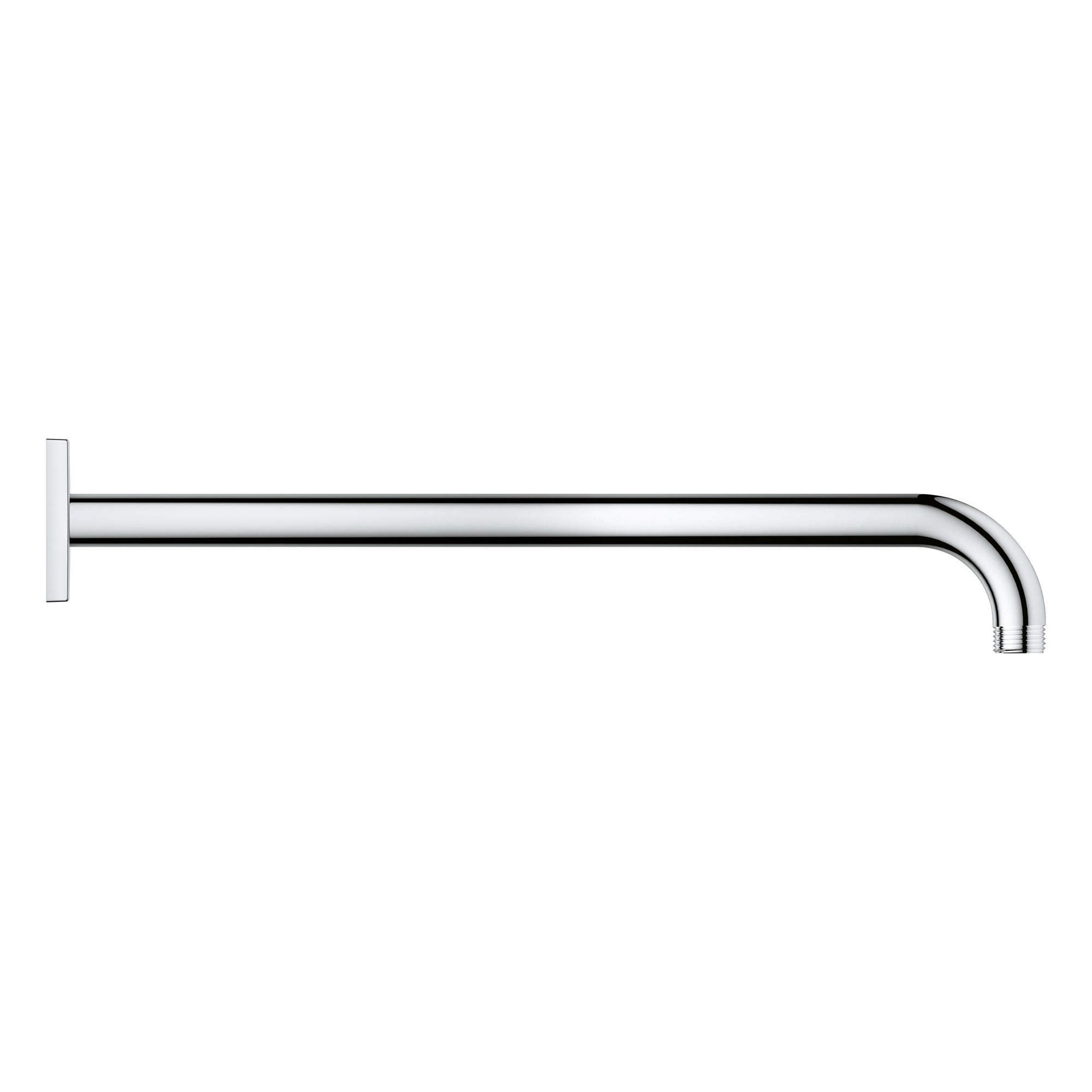 Chrome shower arm with square wall mount and curved end, 15 inches long.