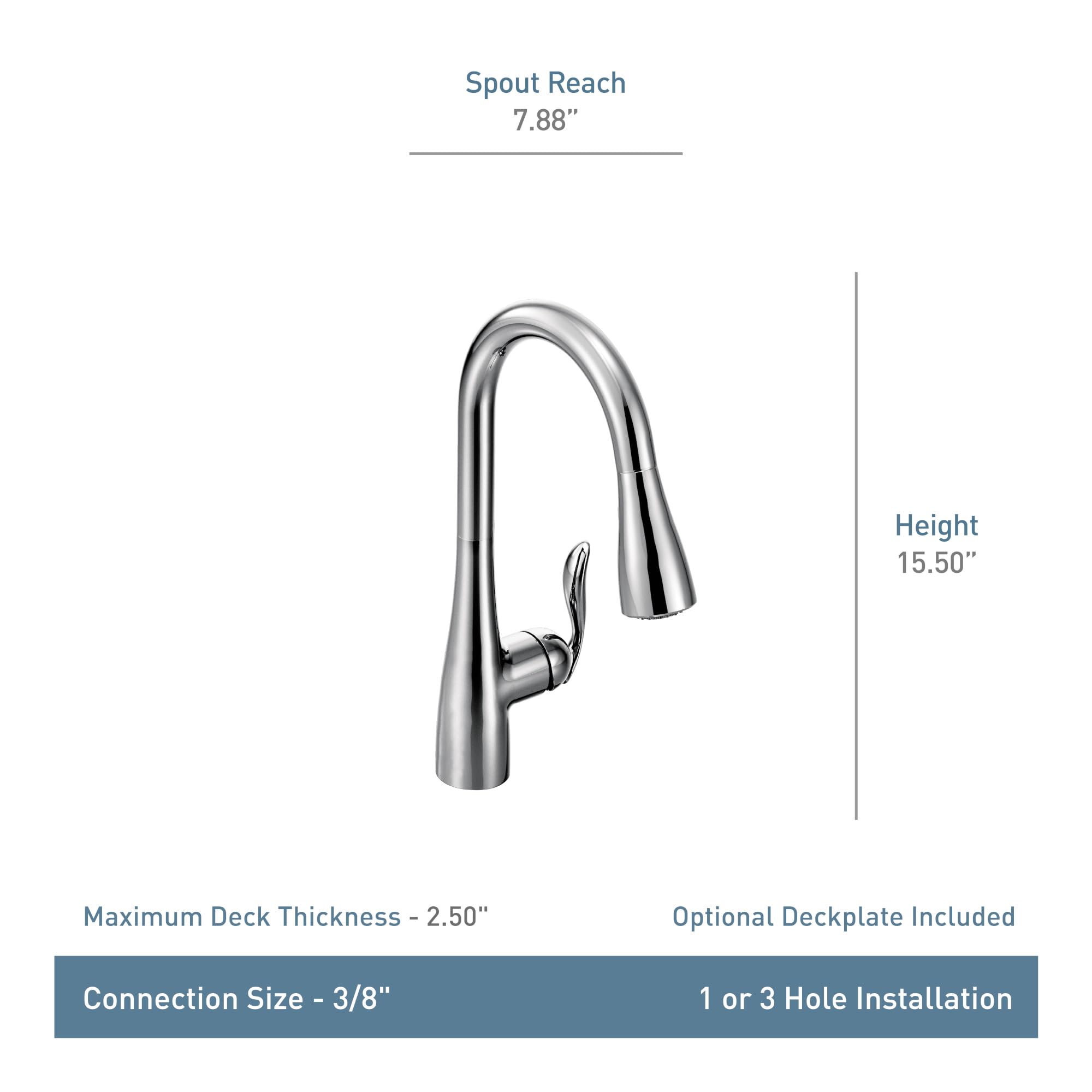 Chrome kitchen faucet with single handle, curved spout, and pull-down sprayer head.