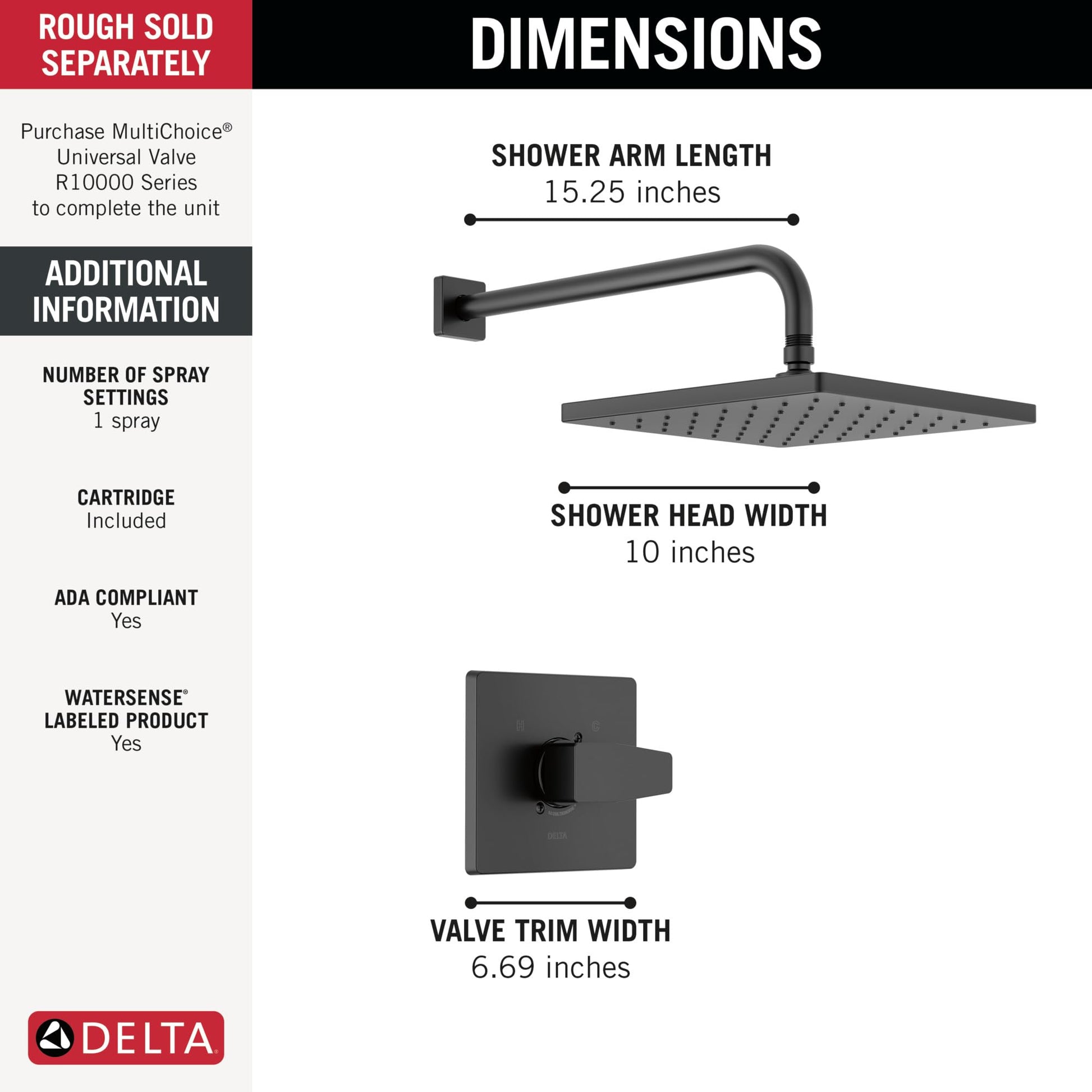 Matte black shower trim with 10-inch square showerhead, 15.25-inch curved arm, and 6.69-inch valve trim plate.