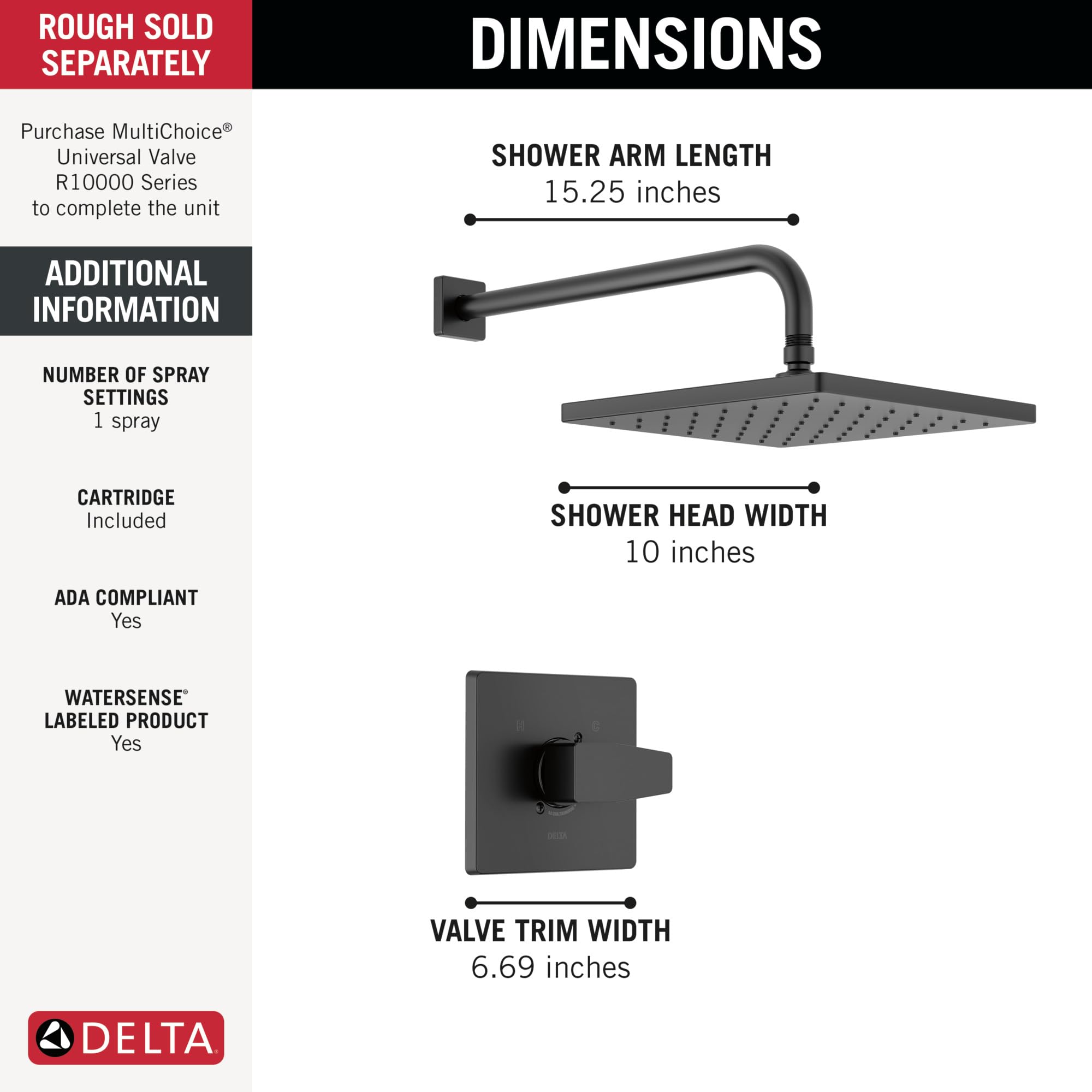 Matte black shower trim with 10-inch square showerhead, 15.25-inch curved arm, and 6.69-inch valve trim plate.