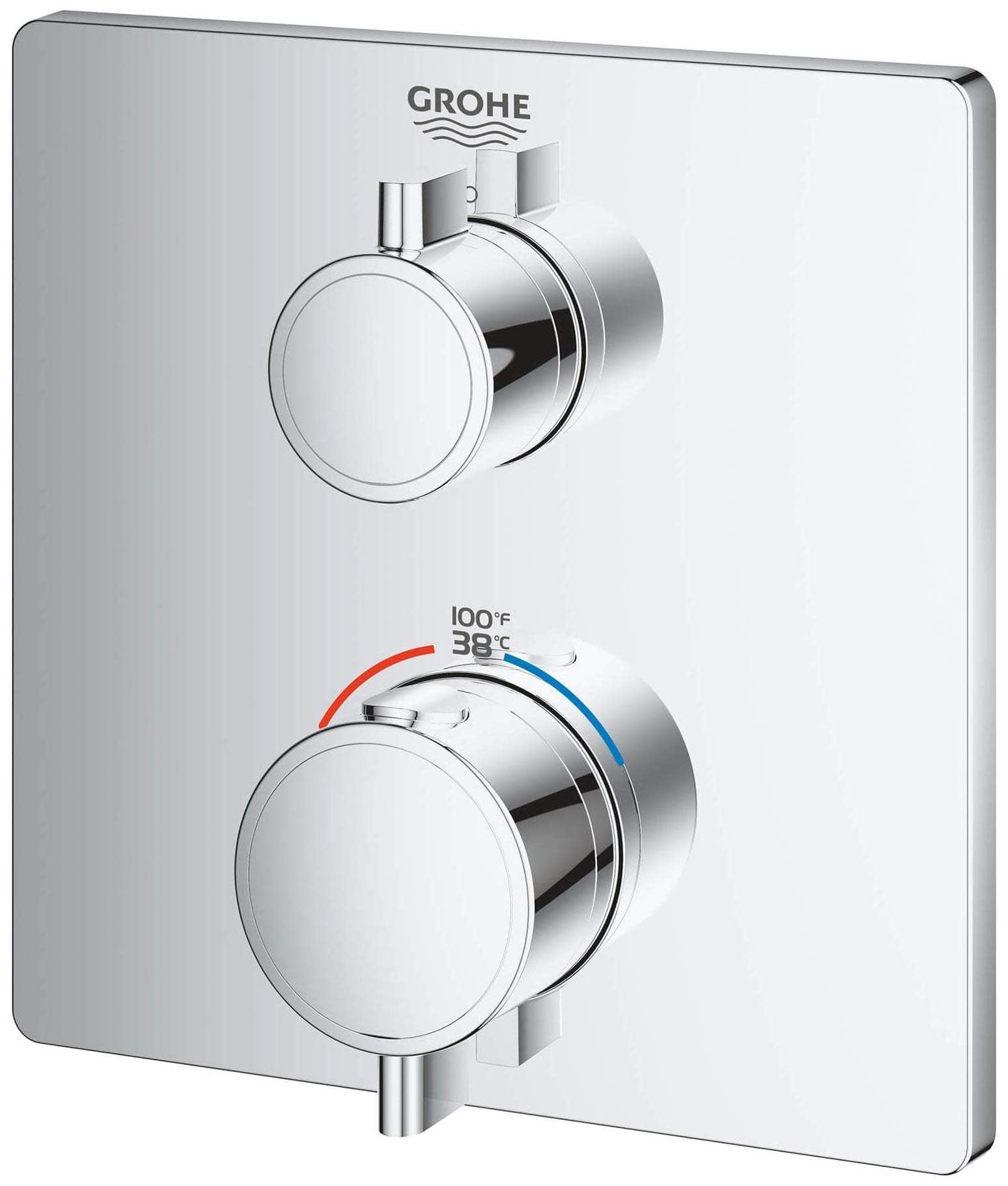 Grohe Grohtherm thermostatic valve trim with two circular handles on square chrome plate, temperature dial marked 38°C/100°F.