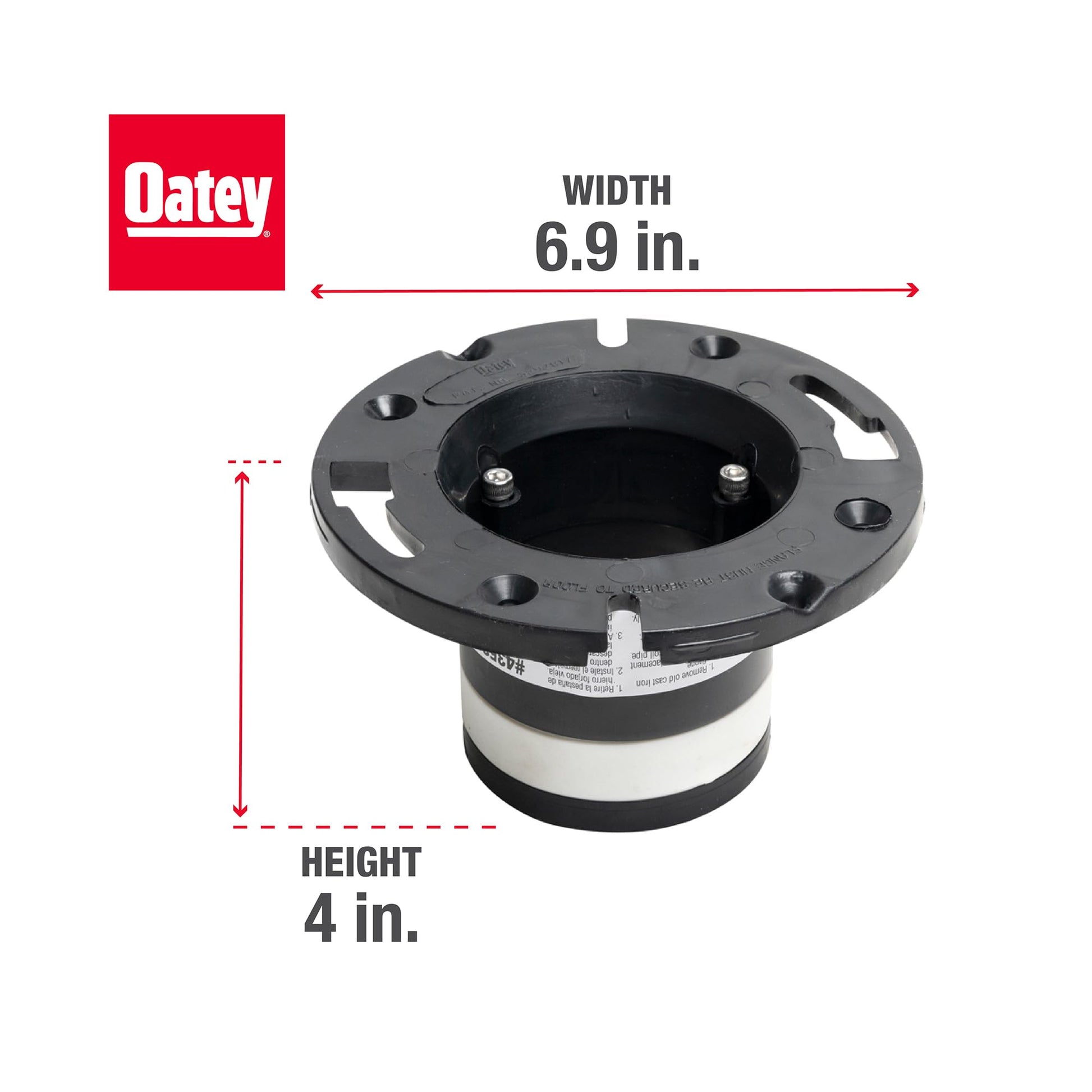Black ABS closet flange with mounting holes, 6.9 inches wide and 4 inches tall, shown with dimensions.