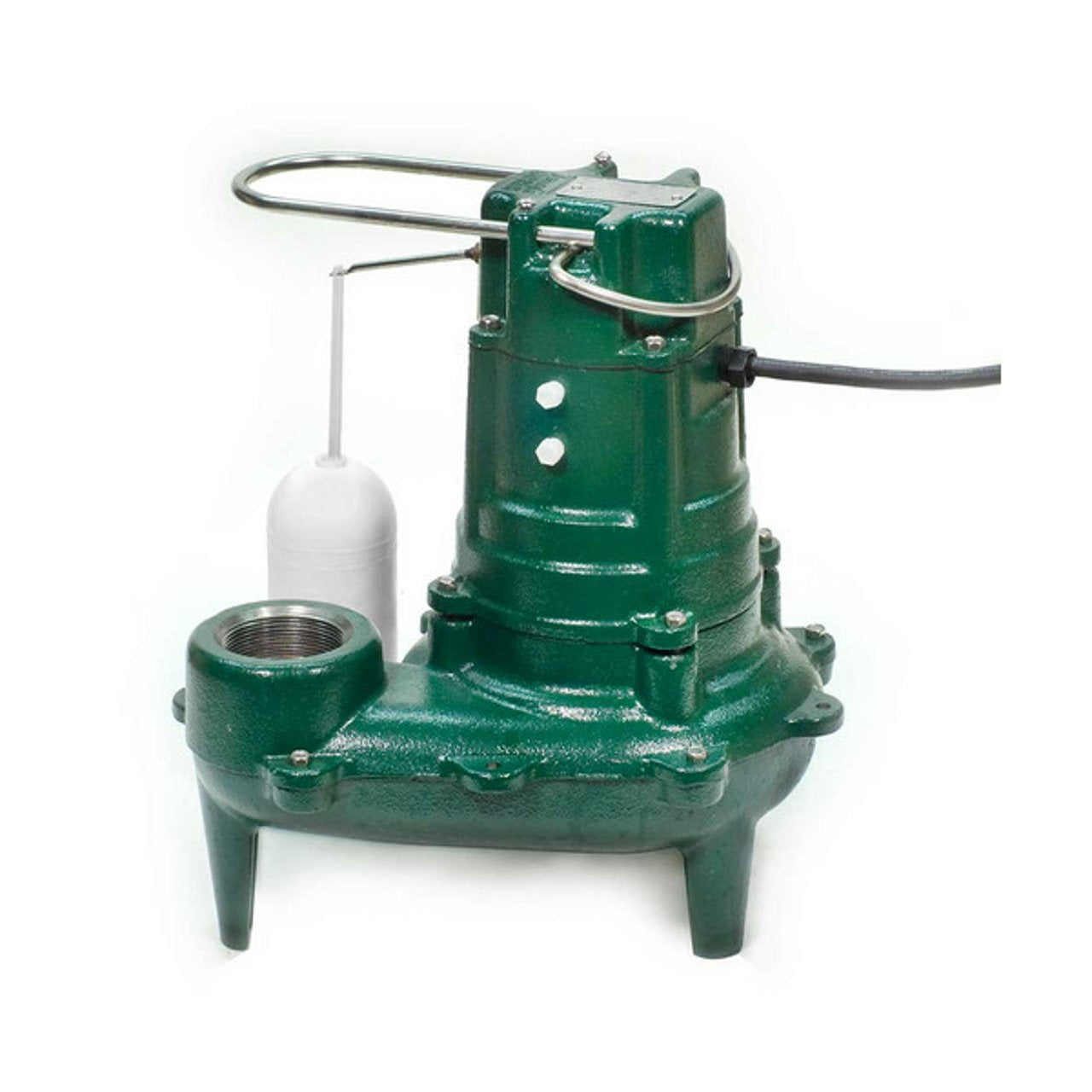 Green cast iron submersible effluent pump with white float switch, electrical cord, and threaded outlet port.