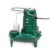 Green cast iron submersible effluent pump with white float switch, electrical cord, and threaded outlet port.