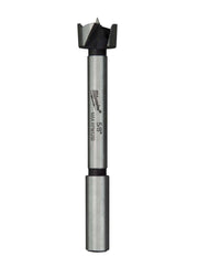Milwaukee 5/8 inch Forstner bit with gray metal shaft and black cutting head on white background.