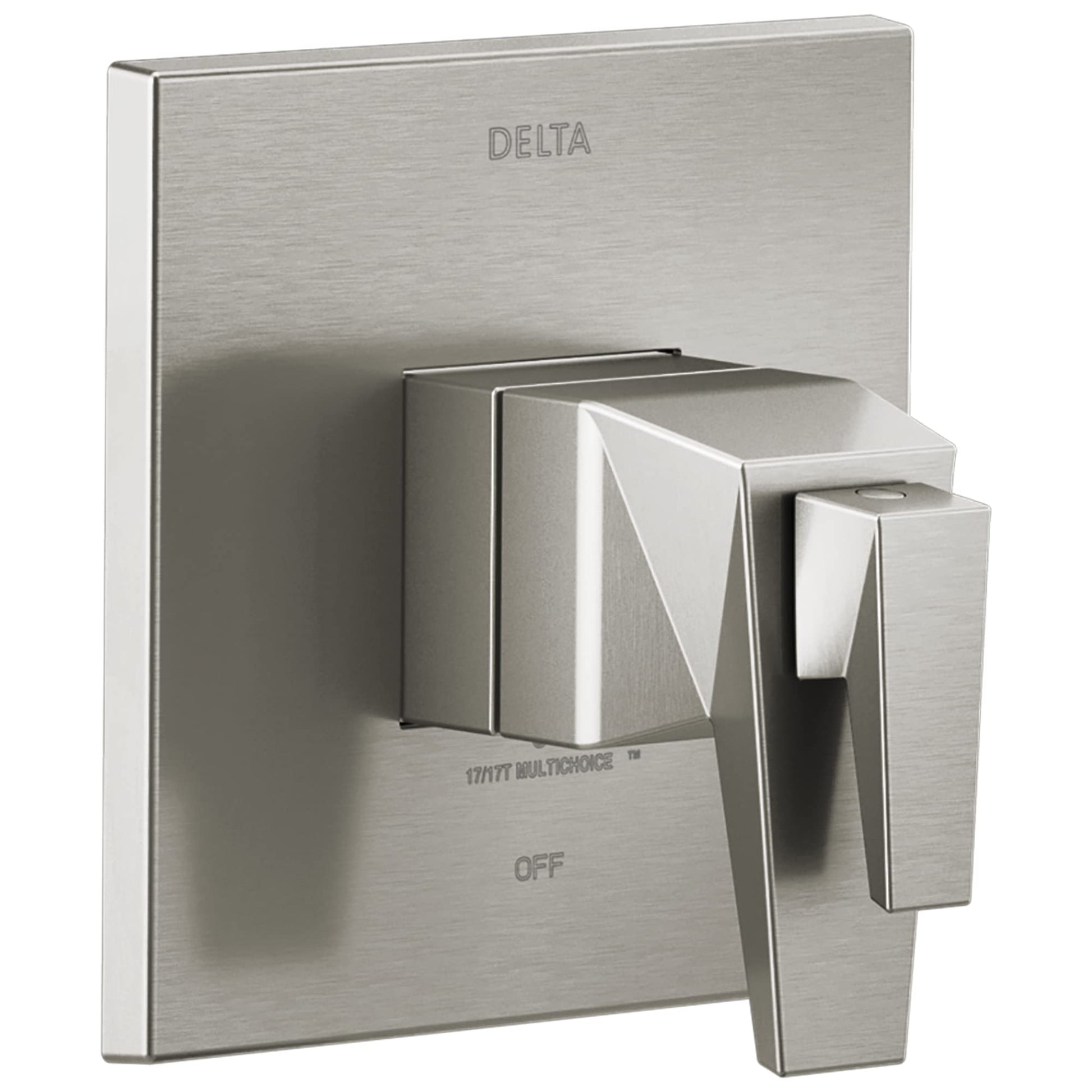 Brushed stainless steel shower valve trim with square backplate, lever handle, and angular design featuring Delta branding.