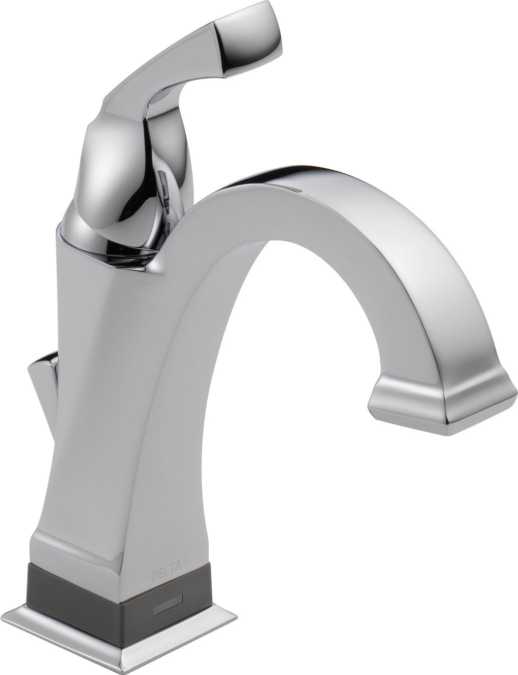 Chrome bathroom faucet with curved spout, single handle, and square base featuring sensor technology.