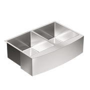 Stainless steel double bowl undermount kitchen sink with apron front and satin finish.