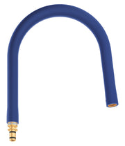 Blue flexible kitchen hose spout with brass connector and spray nozzle at end.