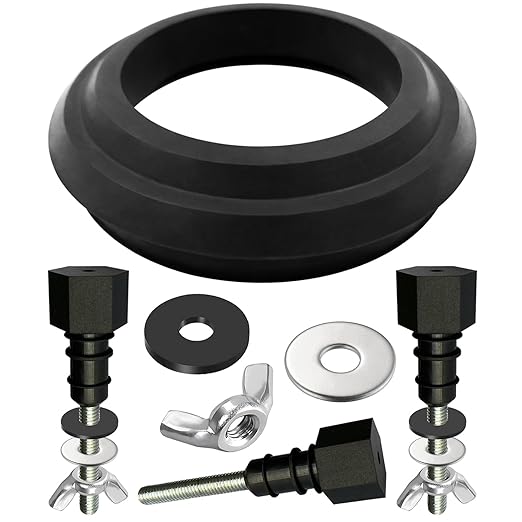 Black rubber gasket and metal bolts kit for Mansfield toilet tank-to-bowl connection with washers and fasteners.