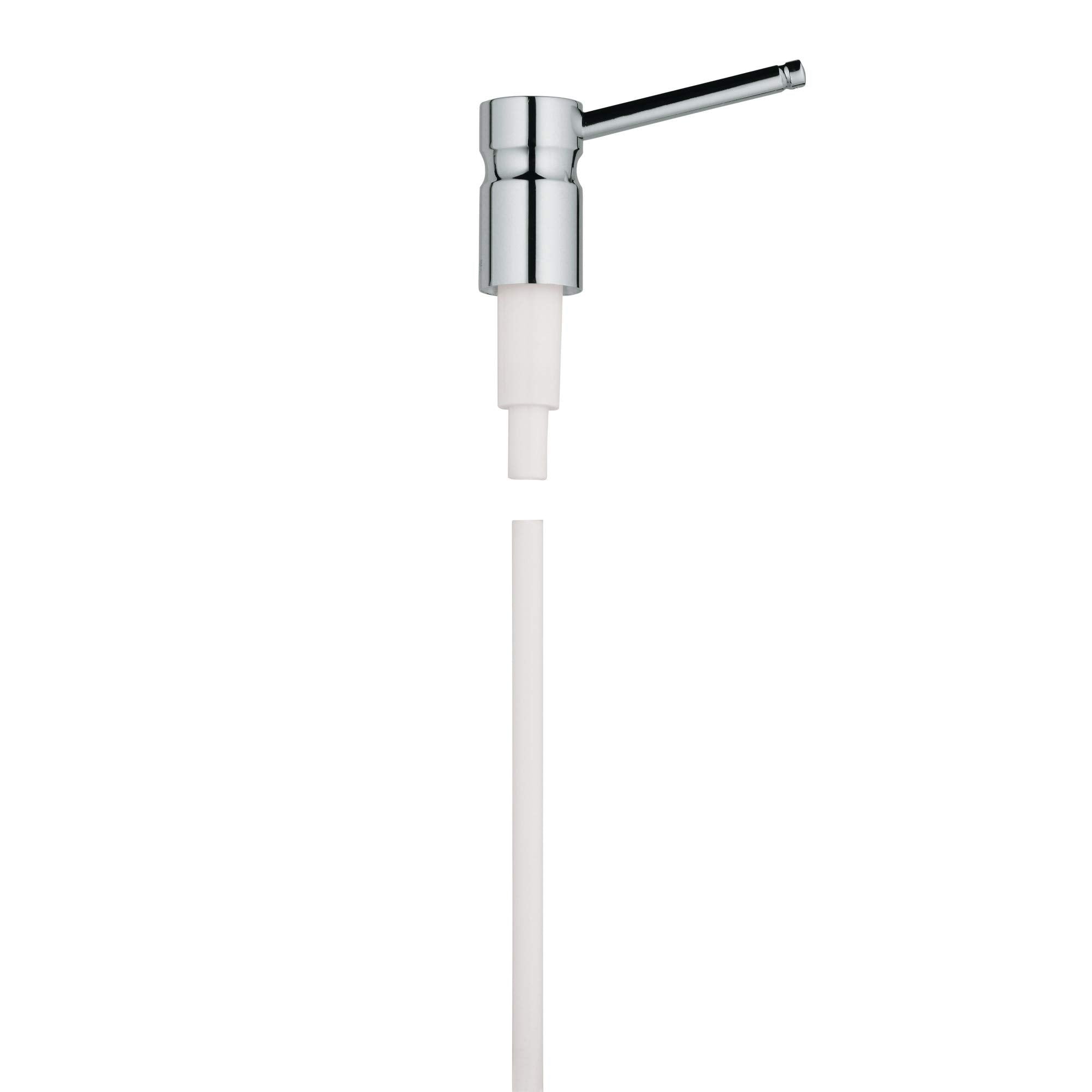 Chrome pump unit with white plastic tube and angled outlet spout.