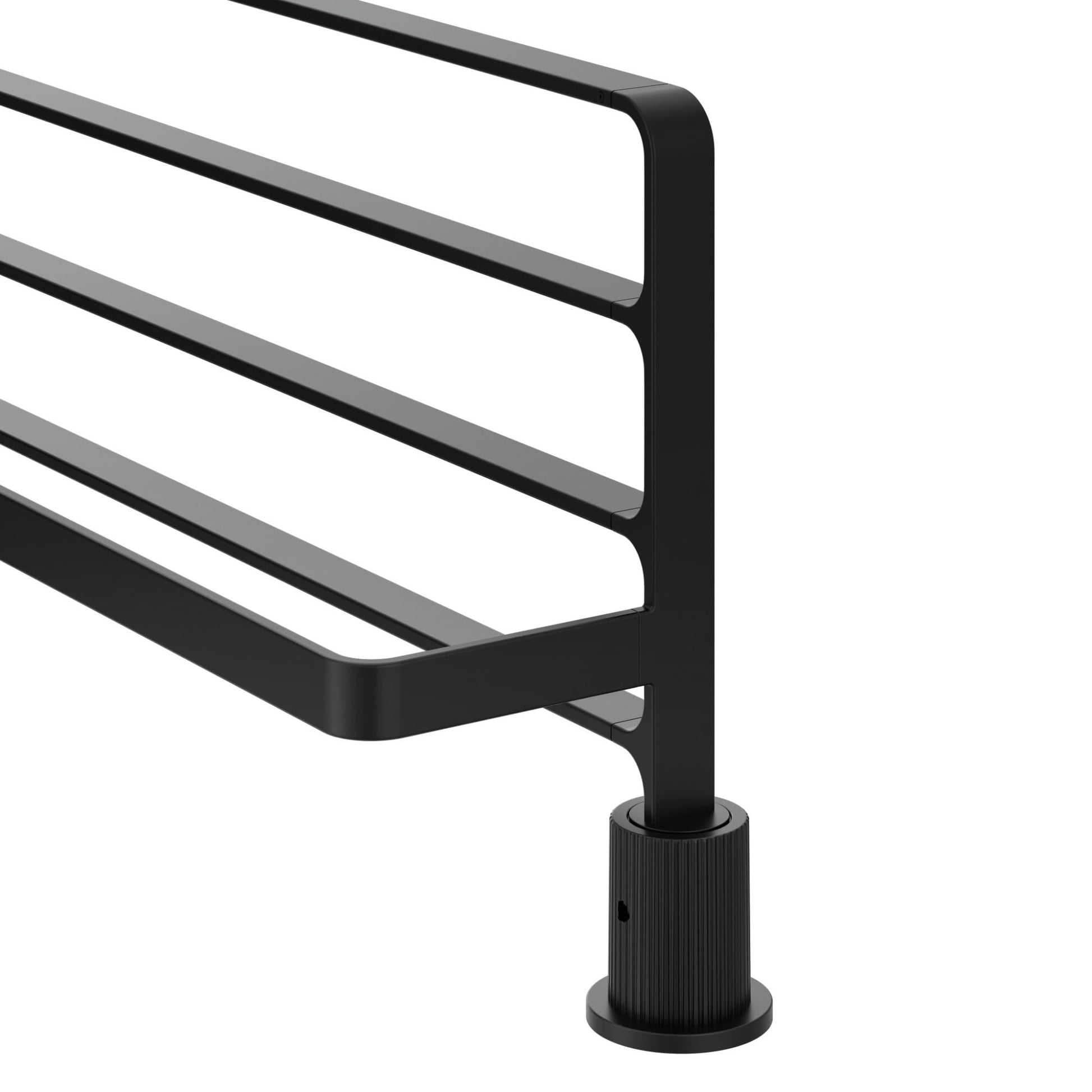 Matte black towel bar with four horizontal rails and rounded corner design mounted on cylindrical base.