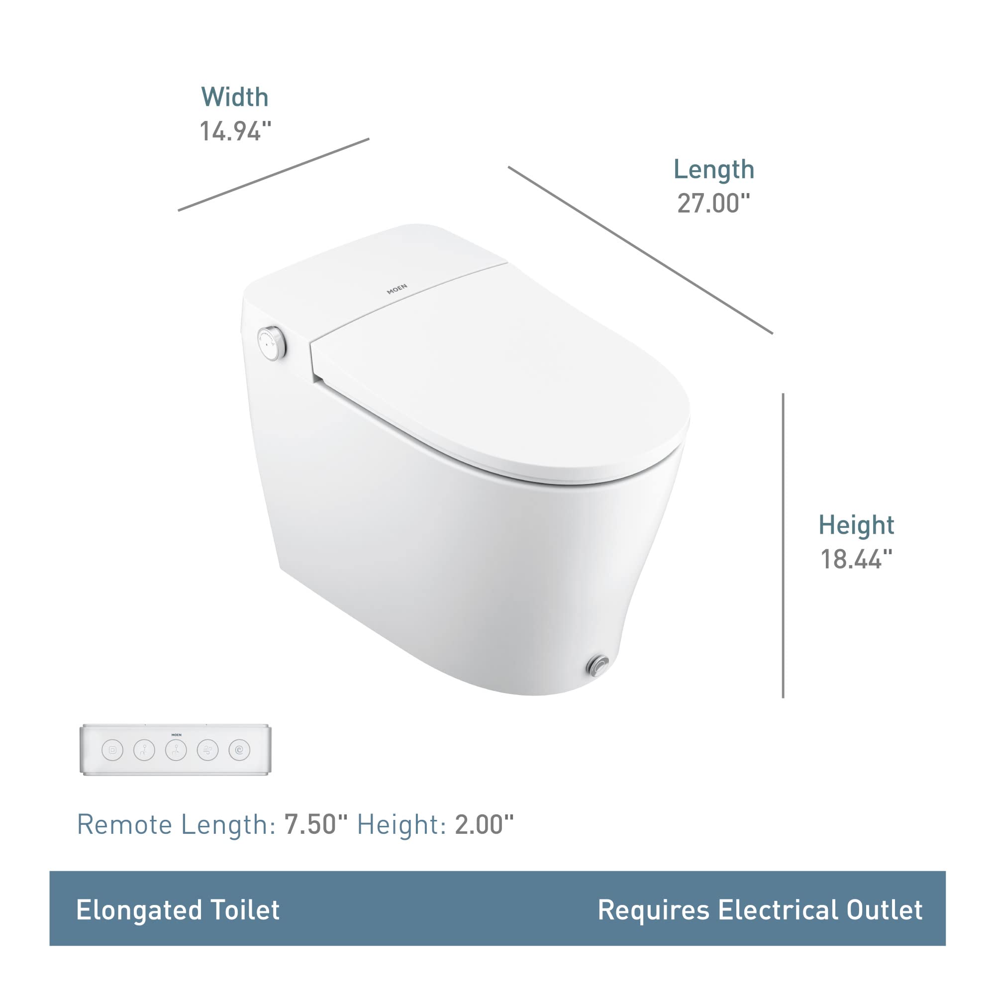 White elongated bidet toilet with integrated tank, curved seat, and remote control shown with dimensions and specifications.