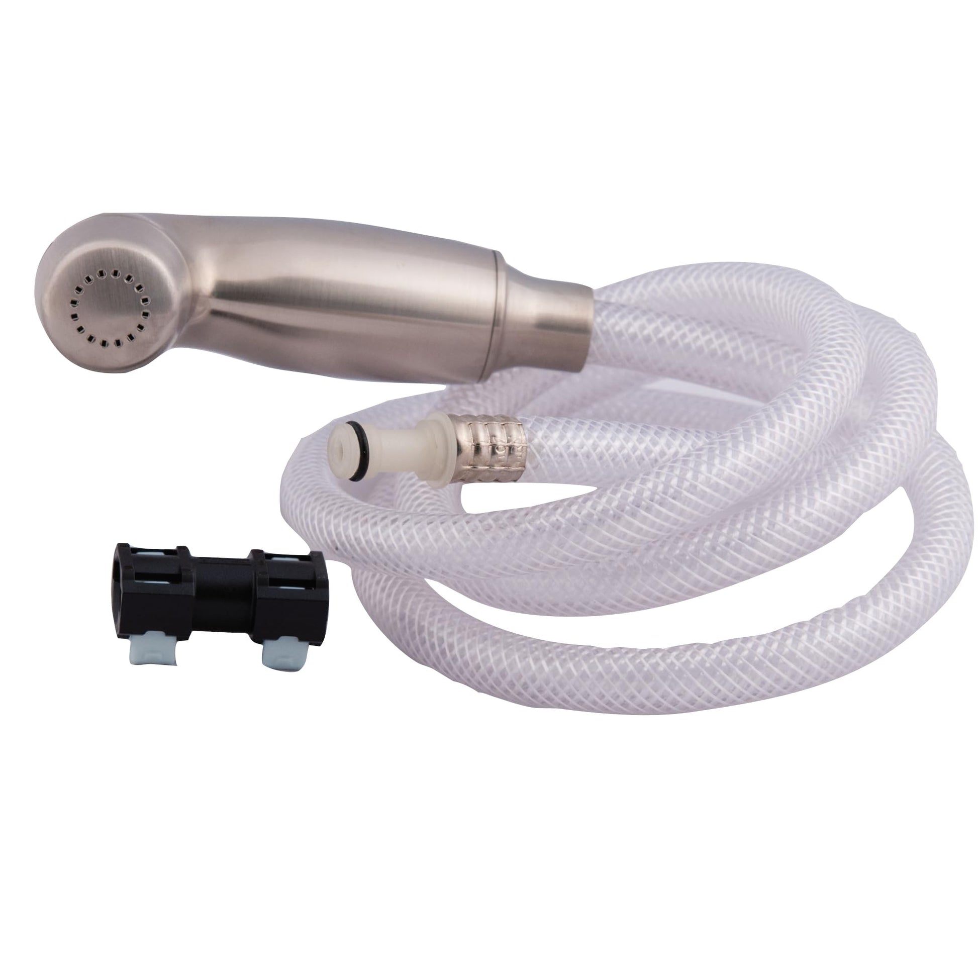 Stainless steel spray head with perforated nozzle connected to clear flexible hose and connector fittings.